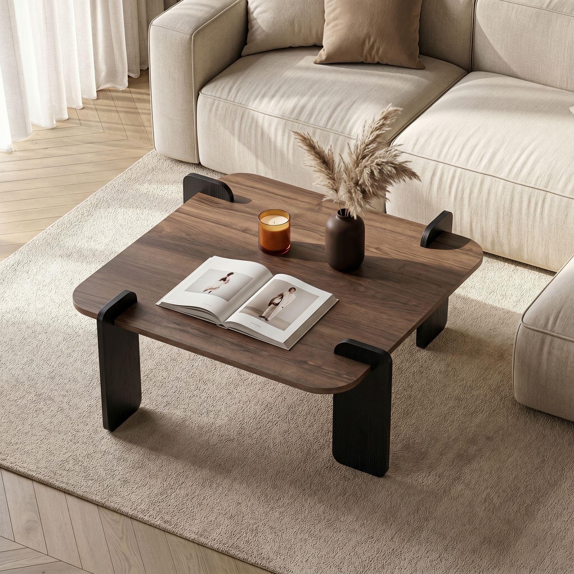 Stilvoller Couchtisch, Walnuss & Holz Schwarz, 90 x 35 x 90 cm | 100% melaminbeschichtet, 18 mm stark | Werkzeuglose Montage