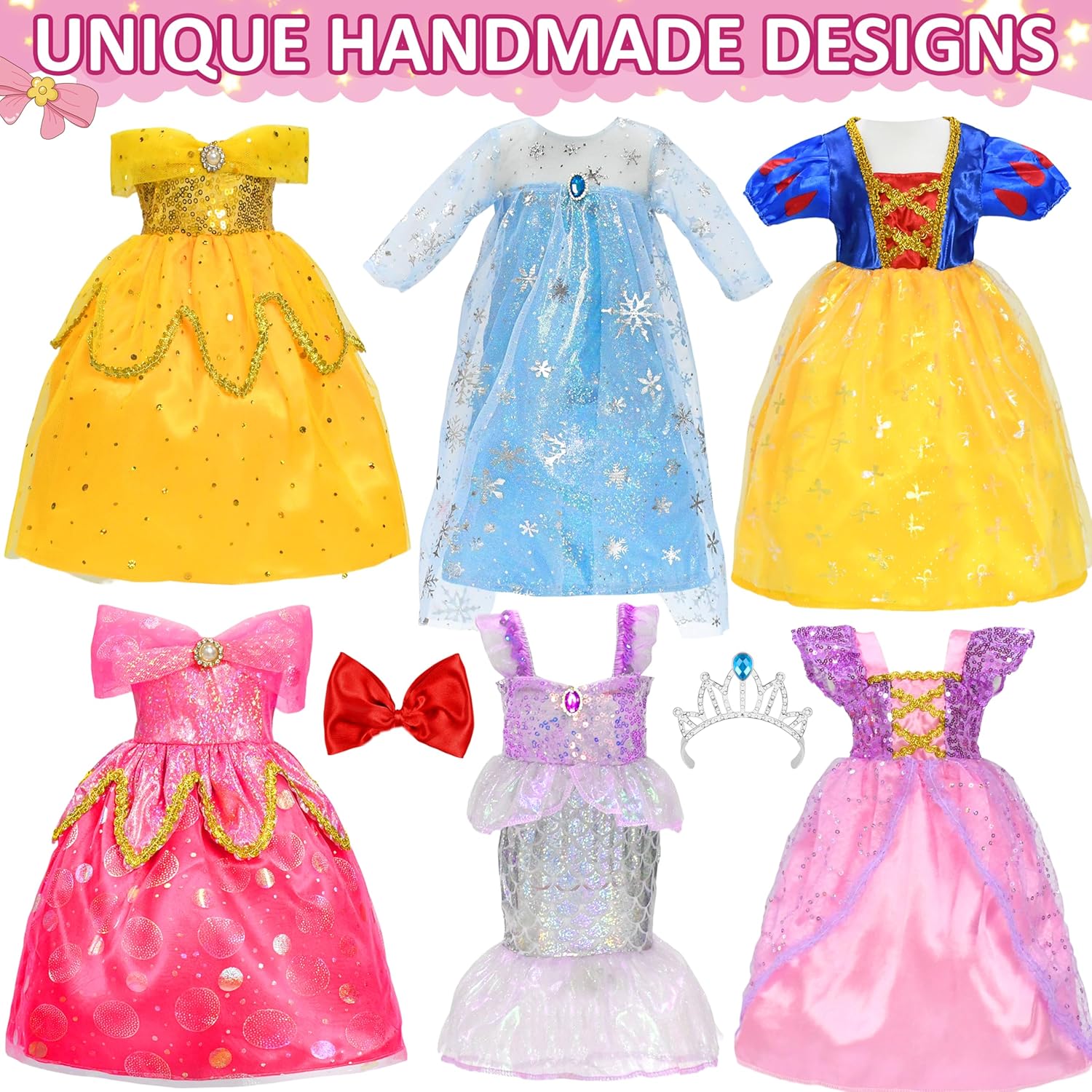 8 pcs American Doll Clothes Set for 18 inch Dolls, Doll Clothing Outfits Include 6 Different Princess Dresses, Crown, Hair Bow, Christmas Birthday Gift for Girls - Image 2