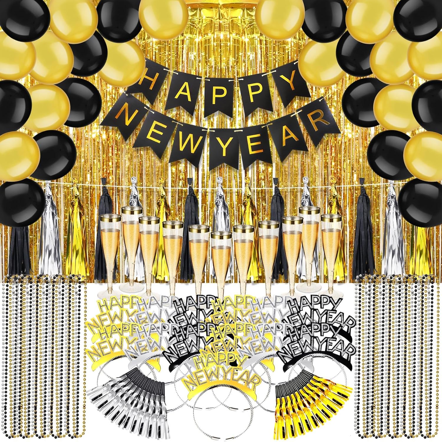 188 Pcs 2026 New Years Eve Party Supplies with 36 Happy New Year Headband 36 Fringed Noise Makers 36 Champagne Flutes 36 Necklaces 36 Balloon 1 Banner 4 Fringe Curtains 3 Tassel Garlands