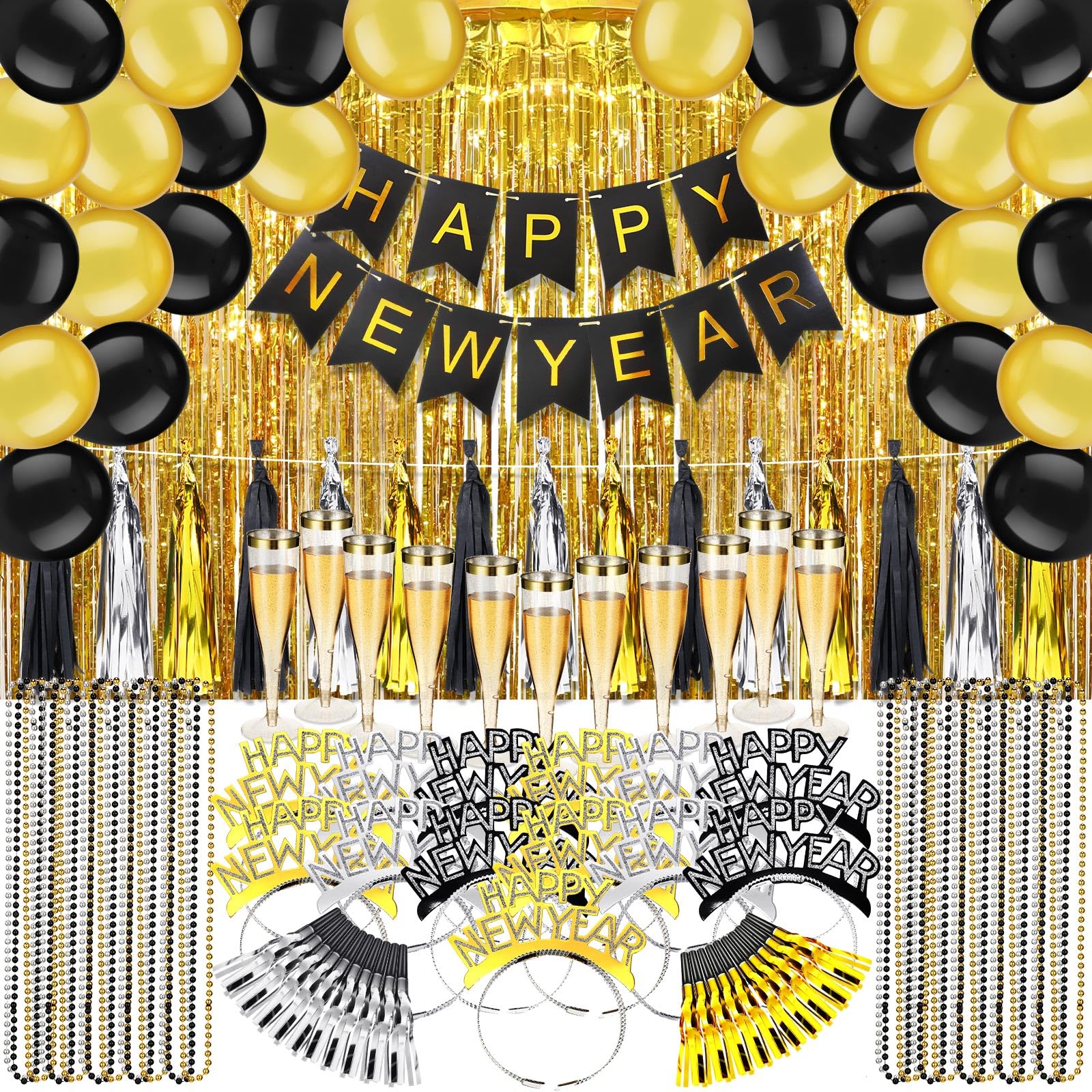 Silipull 36 Set Silvester Party Supplies 2024 Enthält Happy New Year Stirnband Fransen Noise Makers Einweg Champagnerflöten Halsketten Ballon Banner Regen Vorhang Quaste Girlande für Kinder Erwachsene