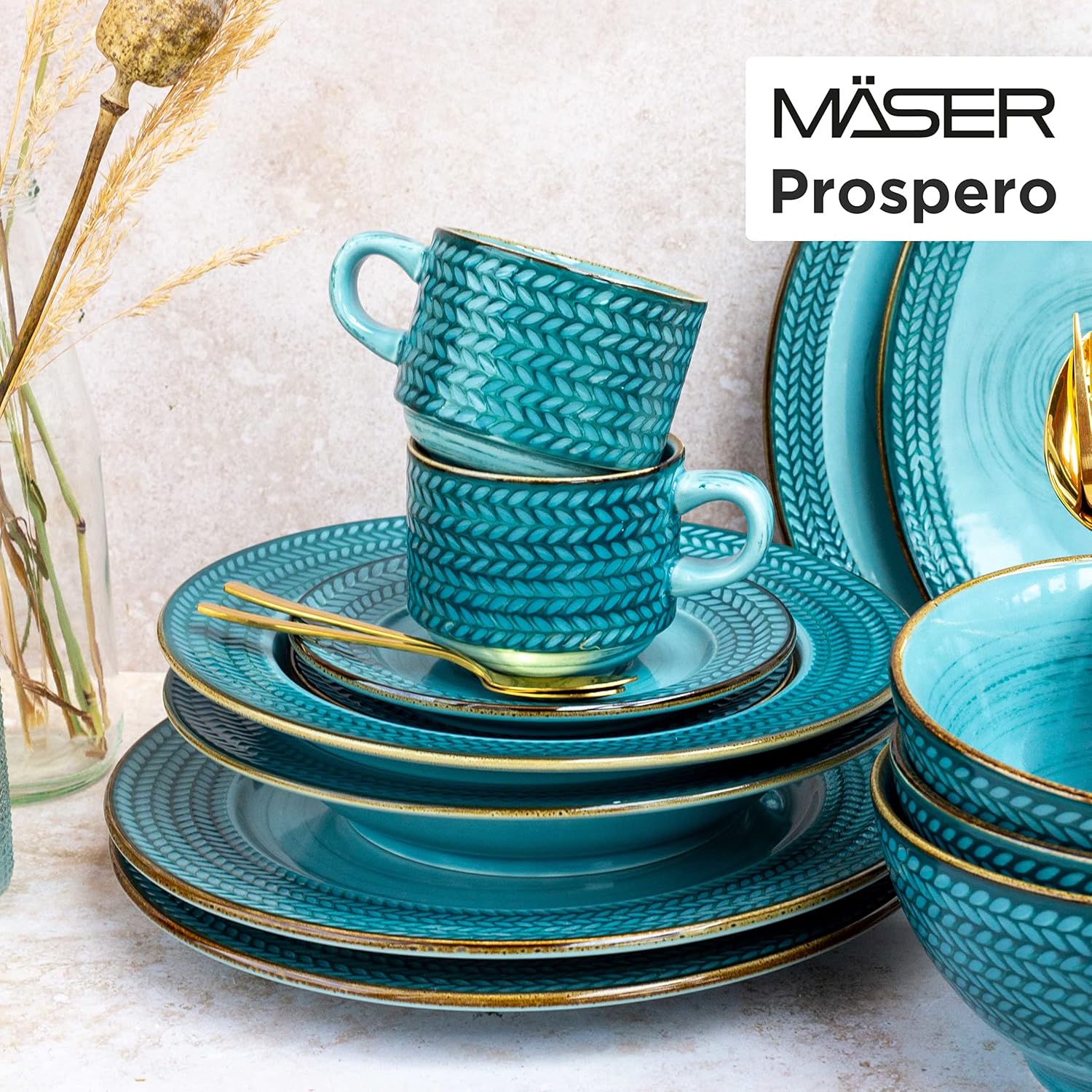 Prospero Series Premium Coffee Tableware Set for 4 People in Catering Quality, 12-Piece Modern Coffee Service in Unique Vintage Style, Durable Porcelain, Blue