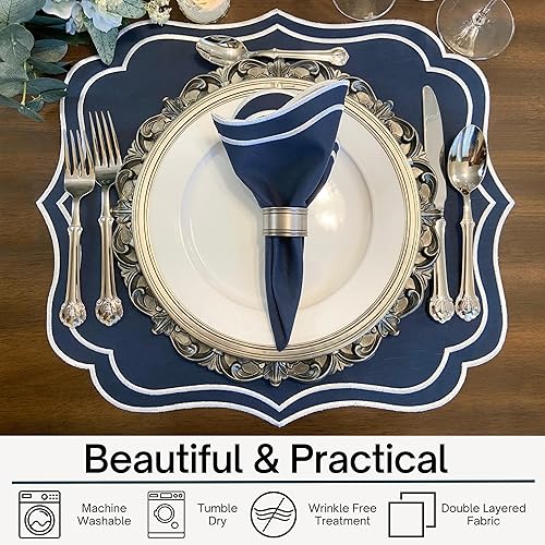 Miniatura 3 de Juego de 4 manteles individuales de algodón y lino, de doble capa, lavables a máquina, resistentes a las arrugas, festoneados y bordados, para