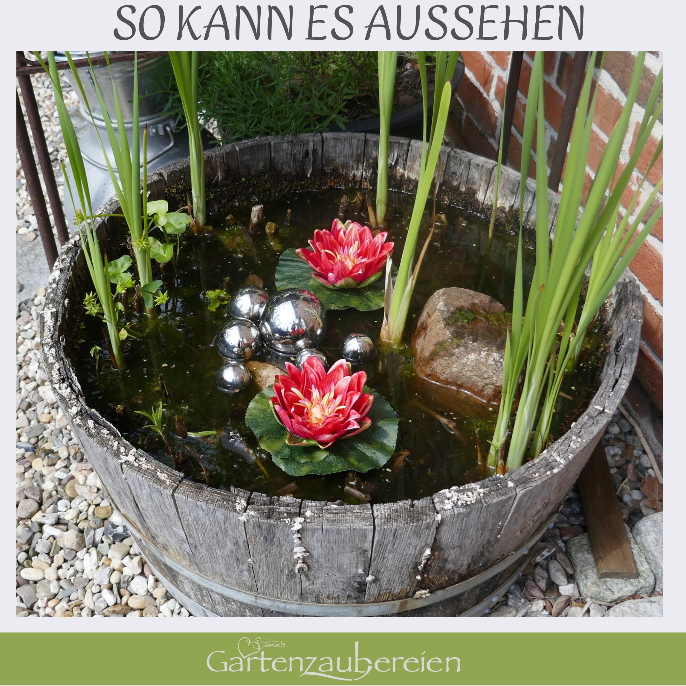 Miniteich Komplettset mit 2 künstlichen Seerosen rot Schwimmkugeln - Teichkugeln in Silber für Teiche und Miniteiche als Teichdekoration