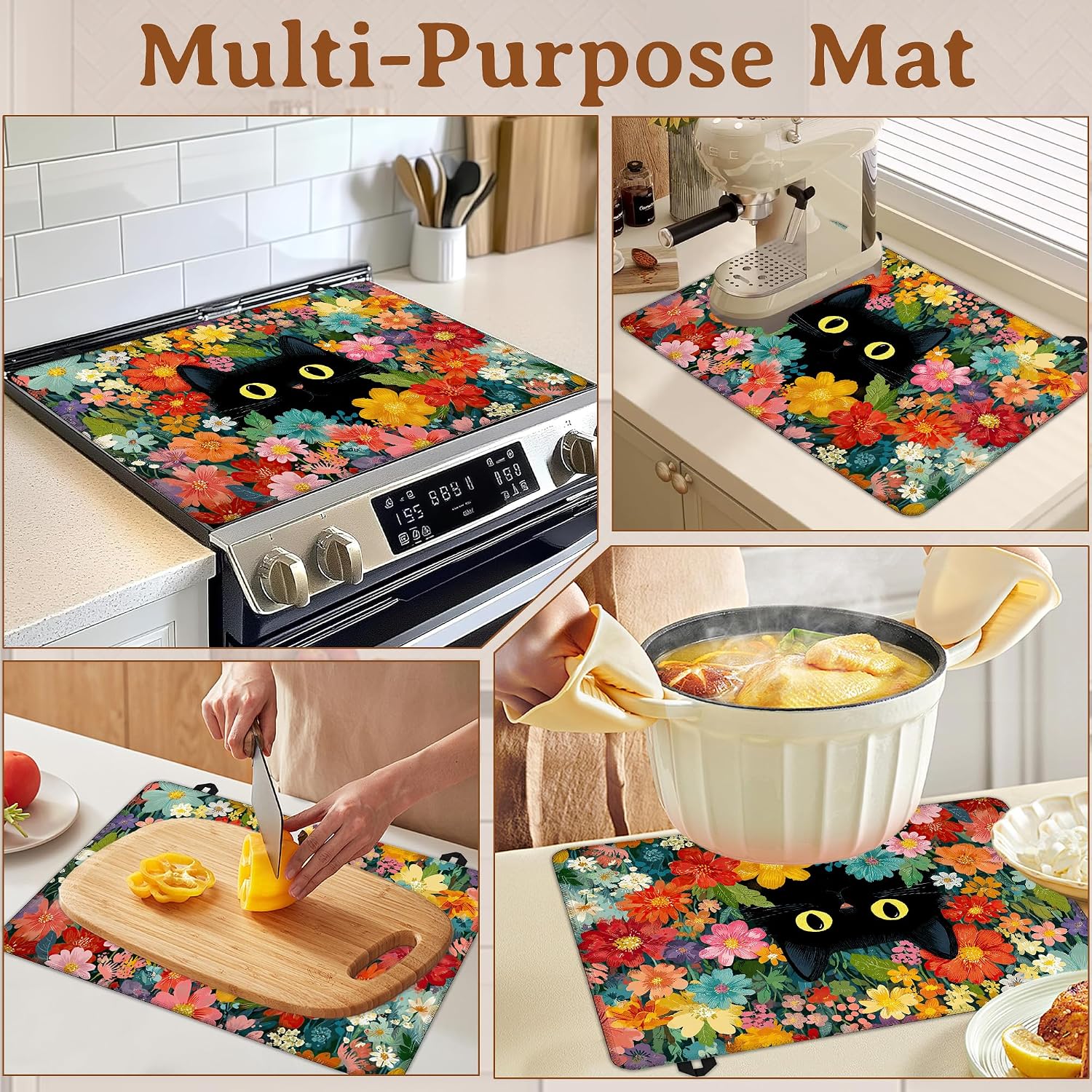 Cute Black Cat Stove Top Covers for Electric Stove,Colorful Floral Heat Resistant Glass Cooktop Cover Protector for Kitchen Flat Electric Stove Top Covers 28.5×20.5in