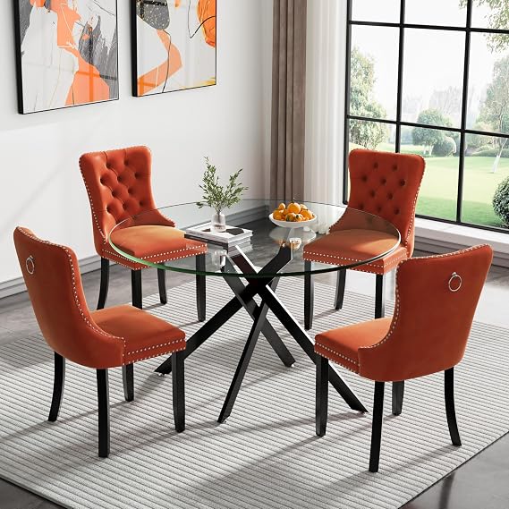 Black Glass Dining Table for 6 Modern 47.3 Round Kitchen Dining Room Table for 4-6 with X-Shape Metal Base Large Clear Glass Top Dining Tables for Home Kitchen