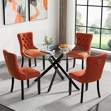Black Glass Dining Table for 6 Modern 47.3 Round Kitchen Dining Room Table for 4-6 with X-Shape Metal Base Large Clear Glass Top Dining Tables for Home Kitchen
