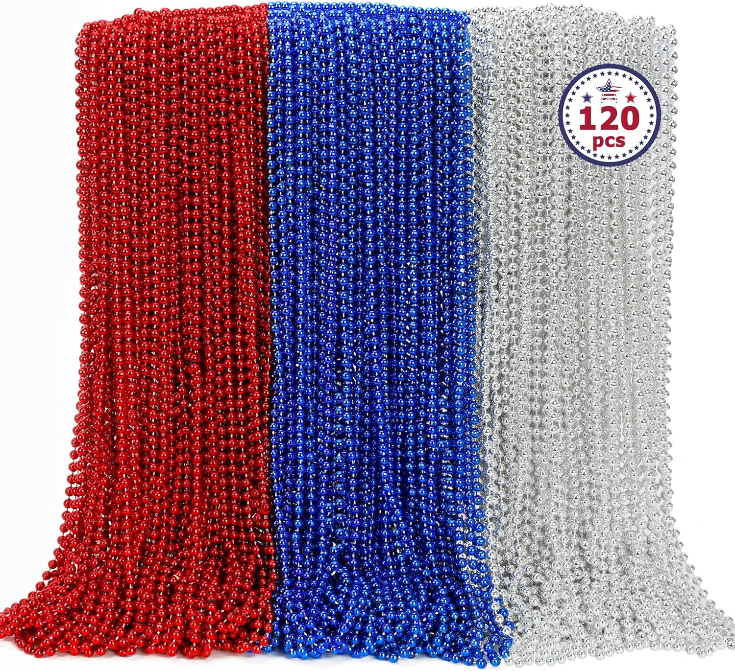 4th of July Necklace Bulk, 120PCS Fourth of July Beads Necklace, Round Independence Day Red Blue Silver Necklaces, Beads Bulk for Patriotic Parade Party Celebration Favors Decorations