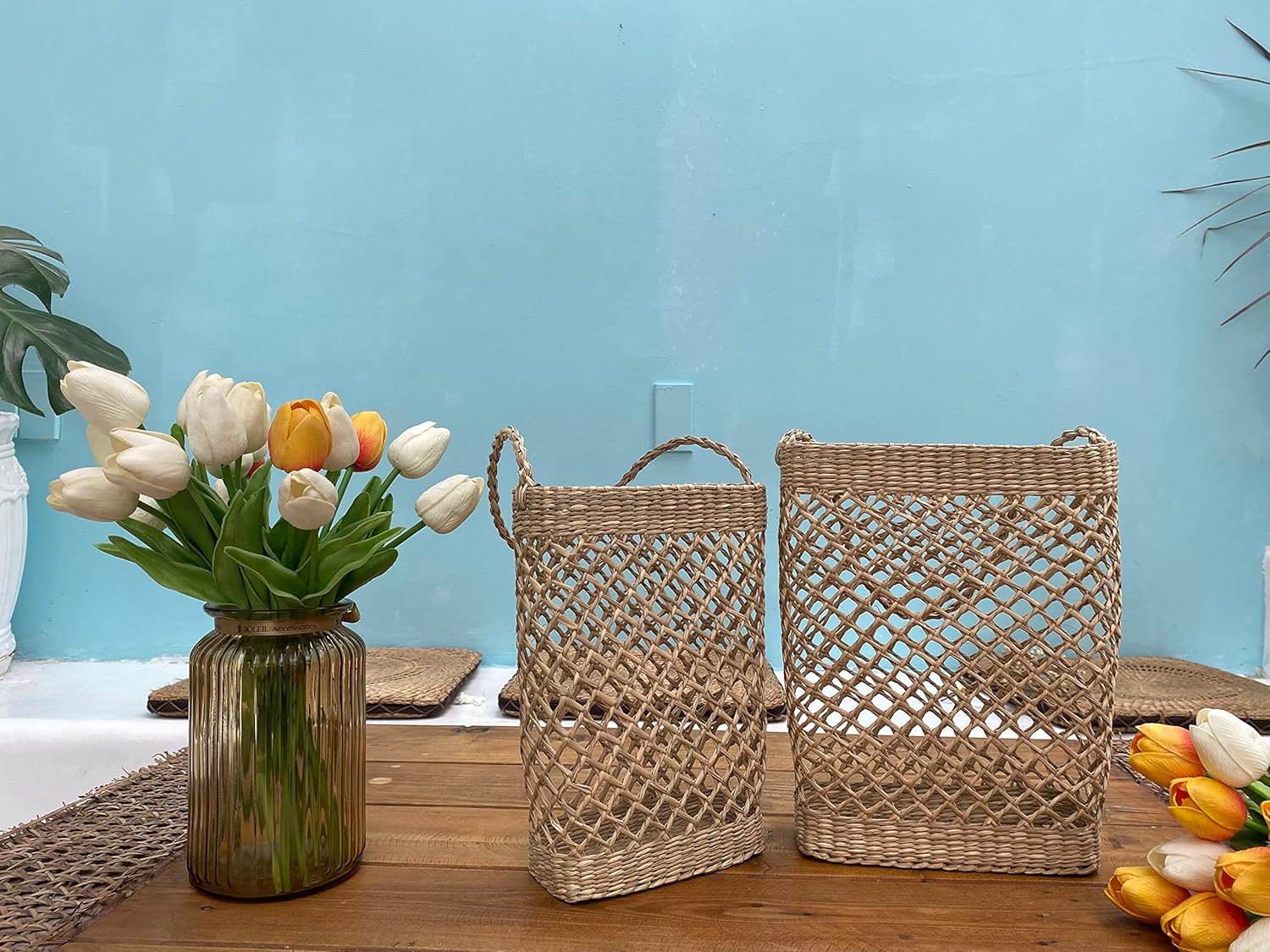 Handcrafted Wall Hanging Baskets (Set of 2) Decorative Seagrass Front Door Basket for Flowers, Wreaths & Pampas Grass - Small Farmhouse Boho Wicker Basket Wall Decor (Flower baskets)