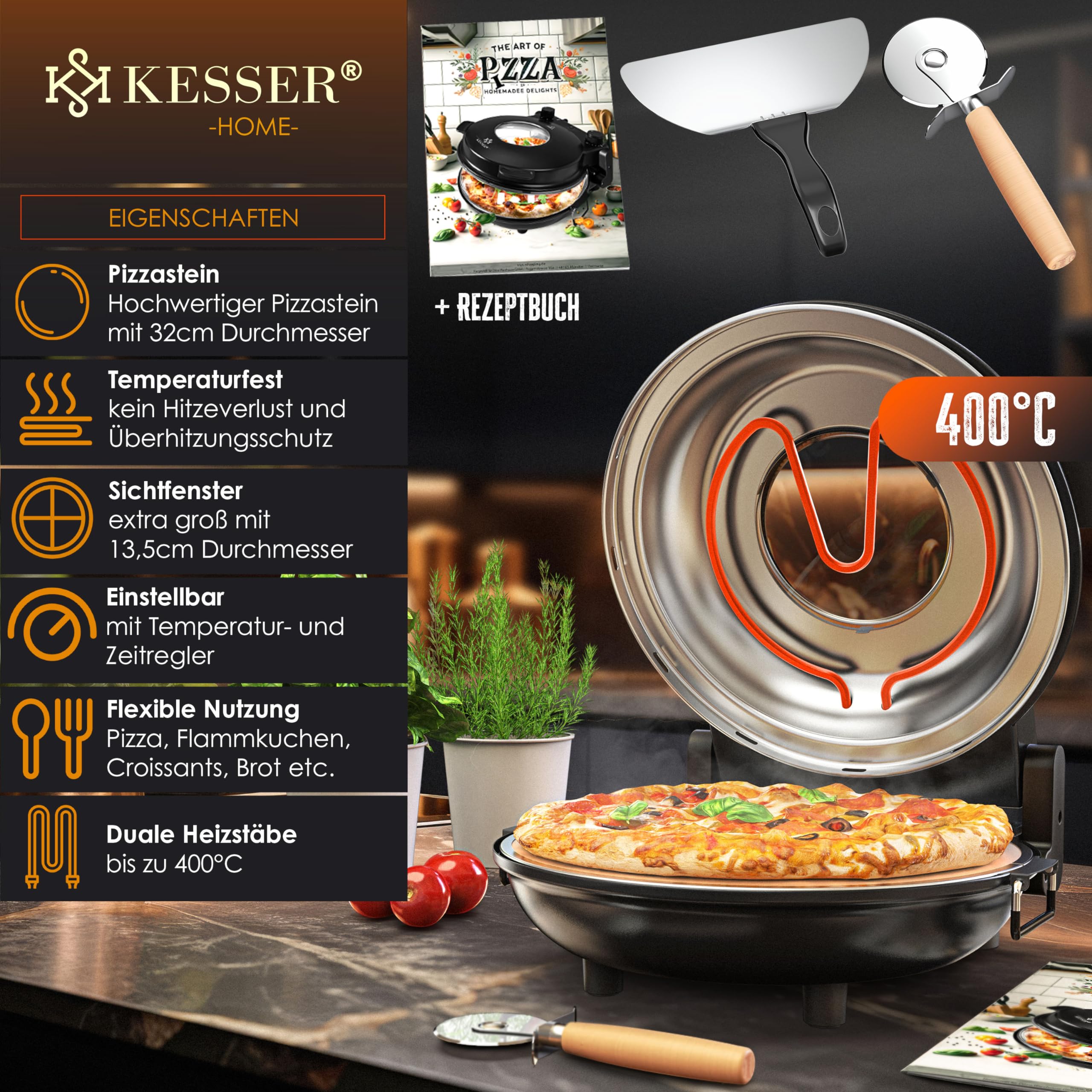 KESSER Four à pizza électrique jusqu'à 400 degrés, 1200 W, avec plaque en pierre ignifuge et minuterie de 32 cm de diamètre, 5 niveaux de chaleur et fenêtre.