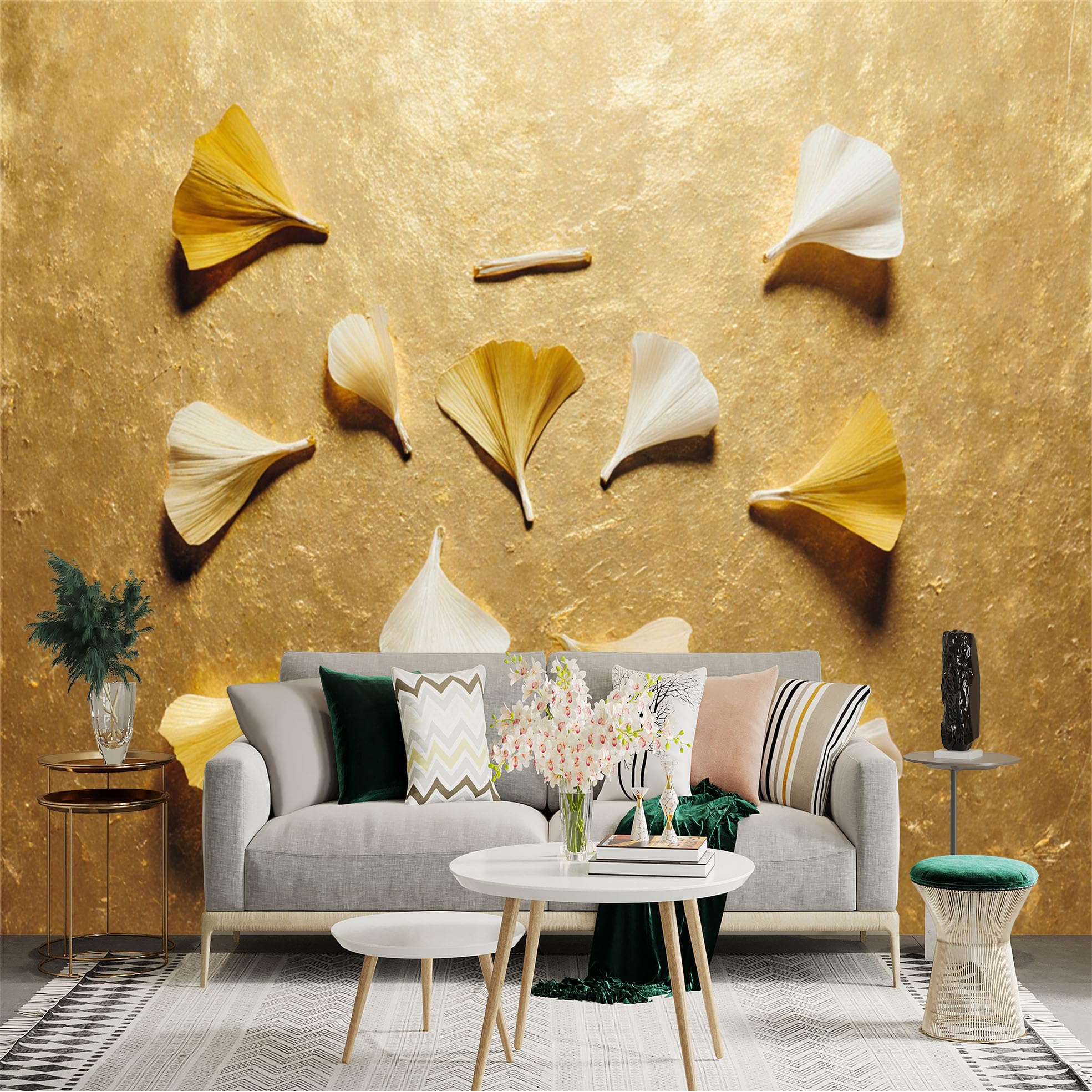 Custom Size Wall Sticker Mural， Elegant Gold and White Ginkgo Biloba Leaves， Luxury Metallic Texture Background， Minimalist Botanical Art， for wall Decoration， peelandstick wall Decals.