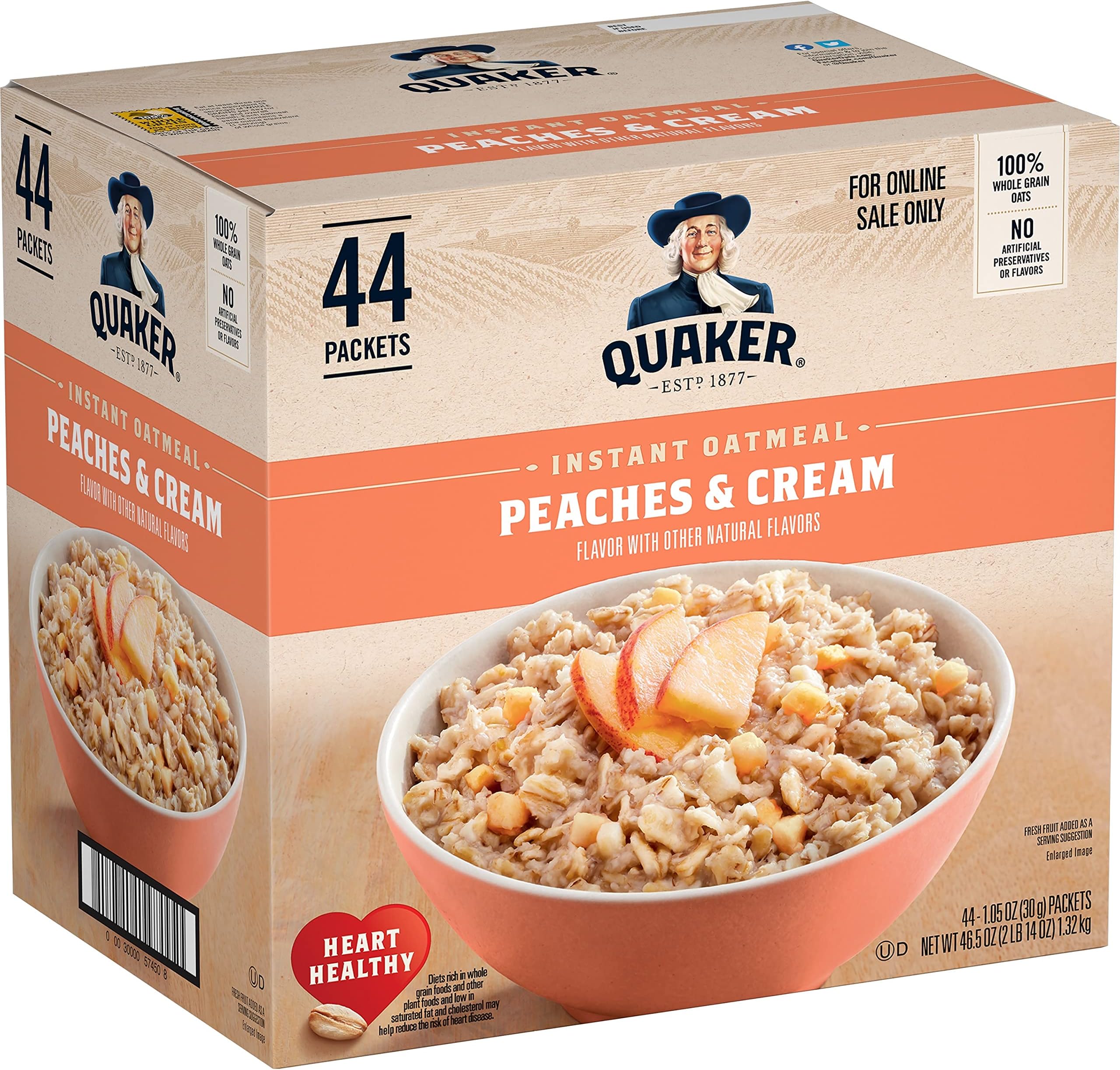 Quaker Instant Oatmeal, Peaches & Cream, 1.05oz, 44 Counts (Pack of 1)