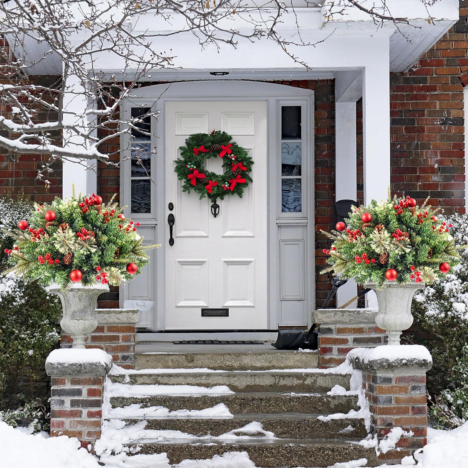 Prelit Outdoor Christmas Tree Urn Filler 2 Set, 20" Mini Artificial Xmax Tree for Porch, Garden, Doorway Christmas Decorations - Warm LED Lights with Realistic Pine Cones, Red Berries & Balls