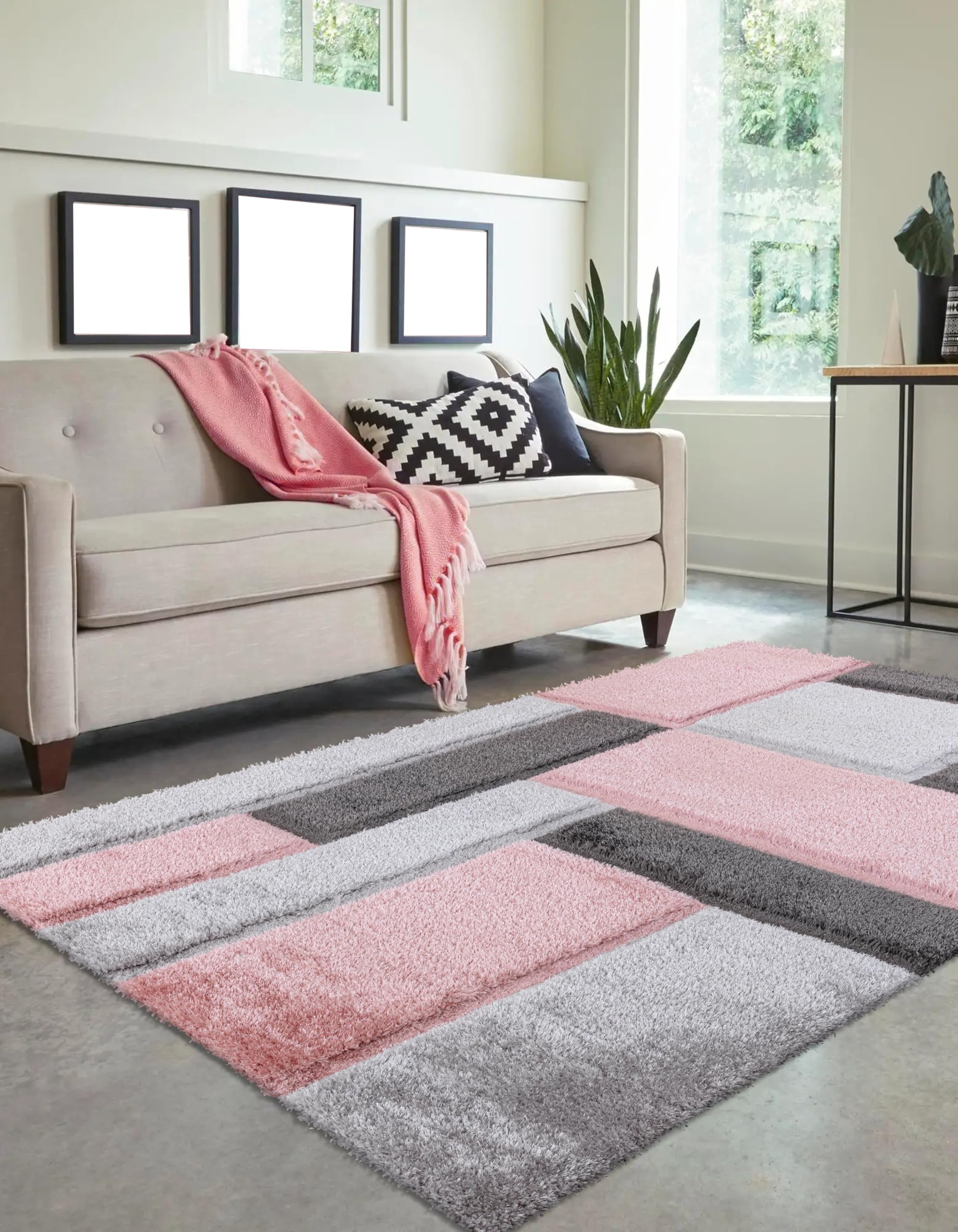 3D Modern Shaggy Area Rug – Geometric Design Pattern – Soft Thick High Pile Carpet for Living Room, Bedroom, Floor Mats Small Door Mats (Pink, 200 x 290 cm (6.56 x 9.51 ft))