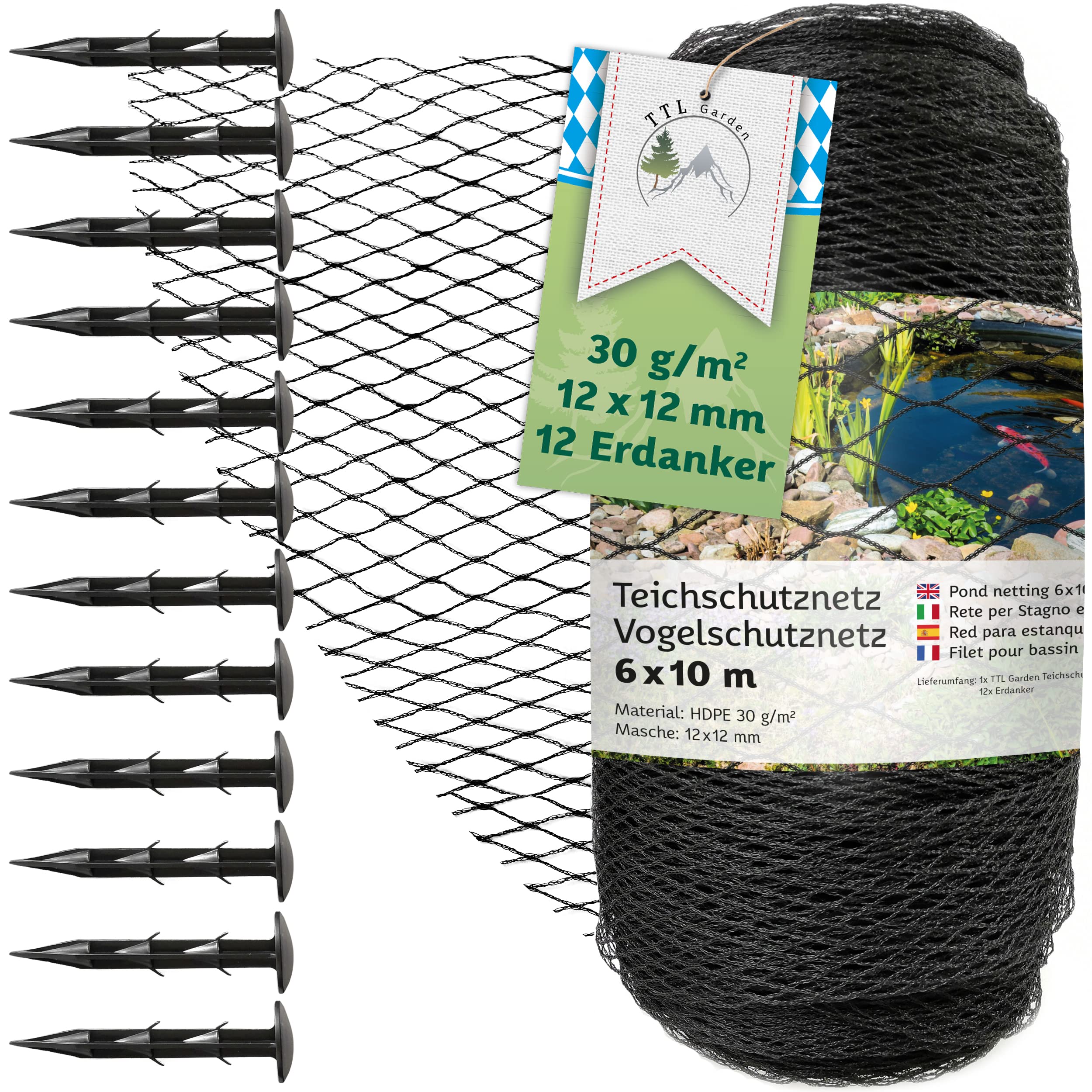 TTL GARDEN 6 x 10m Teichnetz 30g/m² schwarz engmaschig 12x12mm Masche - | starkes Vogelschutznetz mit 12 Bodenanker HDPE Poolnetz Obstbaumnetz Gartennetz Vogelabwehr Netz reißfest dehnbar robust