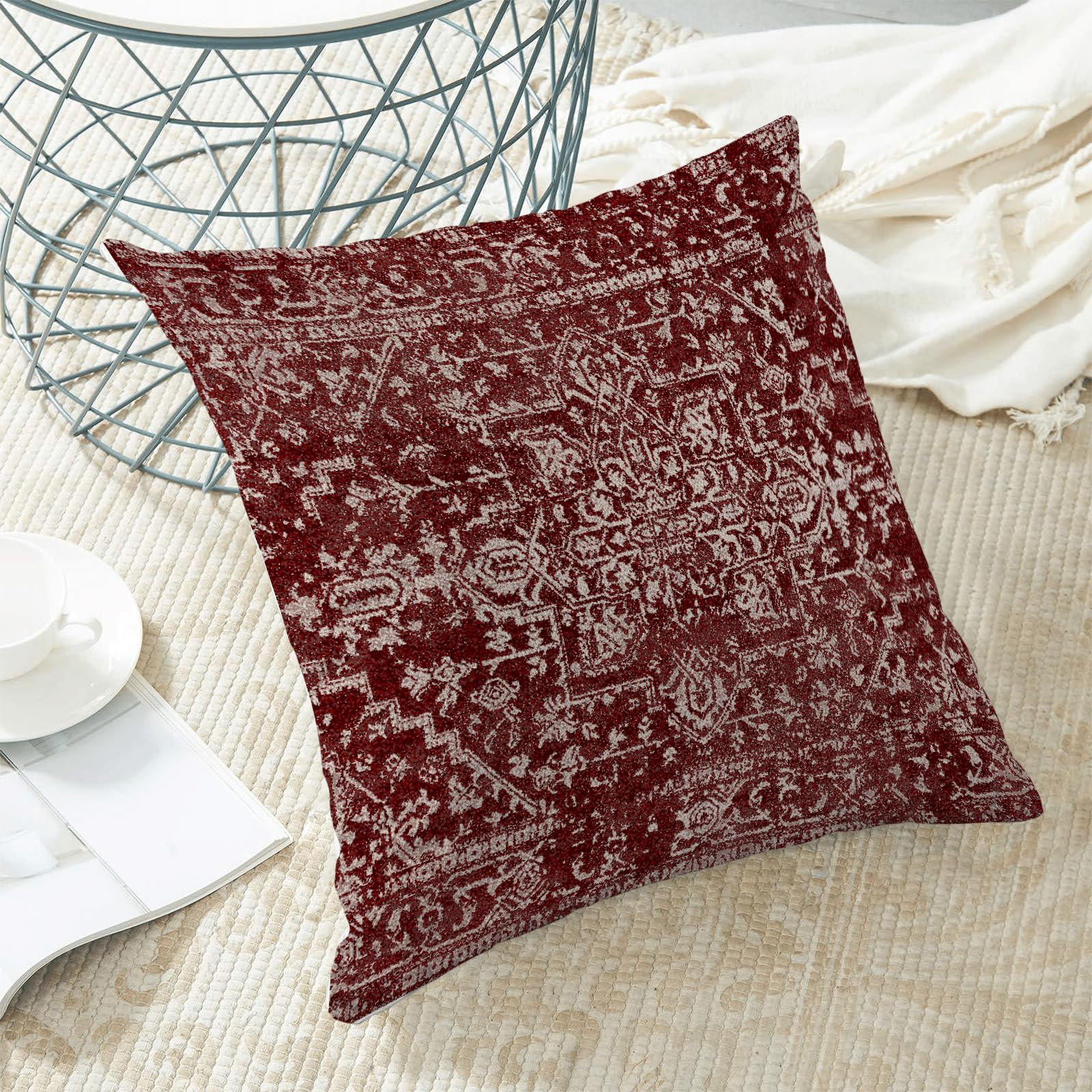 Gohdiwh Set di 2 federe per cuscini in stile bohémien, 45 x 45 cm, colore rosso bordeaux, in lino, design etnico, per divano, divano, decorazione per esterni