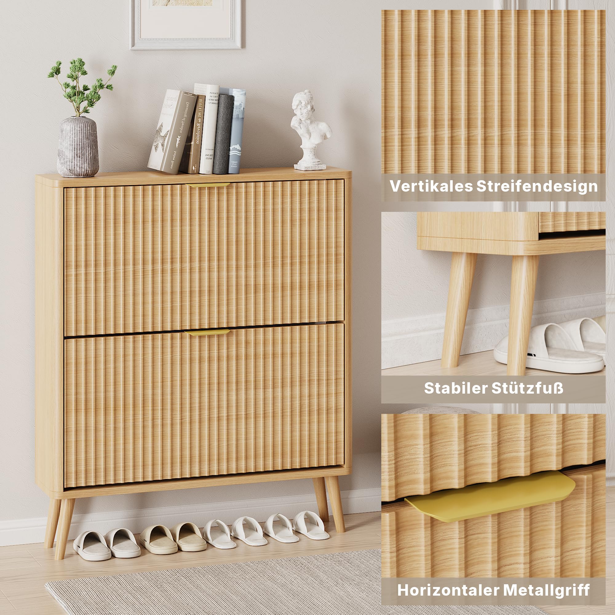 Schuhschrank, Schuhkipper mit 2 Klappen, Schuhregal Schmal, versteckte Schuhaufbewahrung, Schuhschrank Holz für Eingangsbereich, Flur (Natürliche Farbe)
