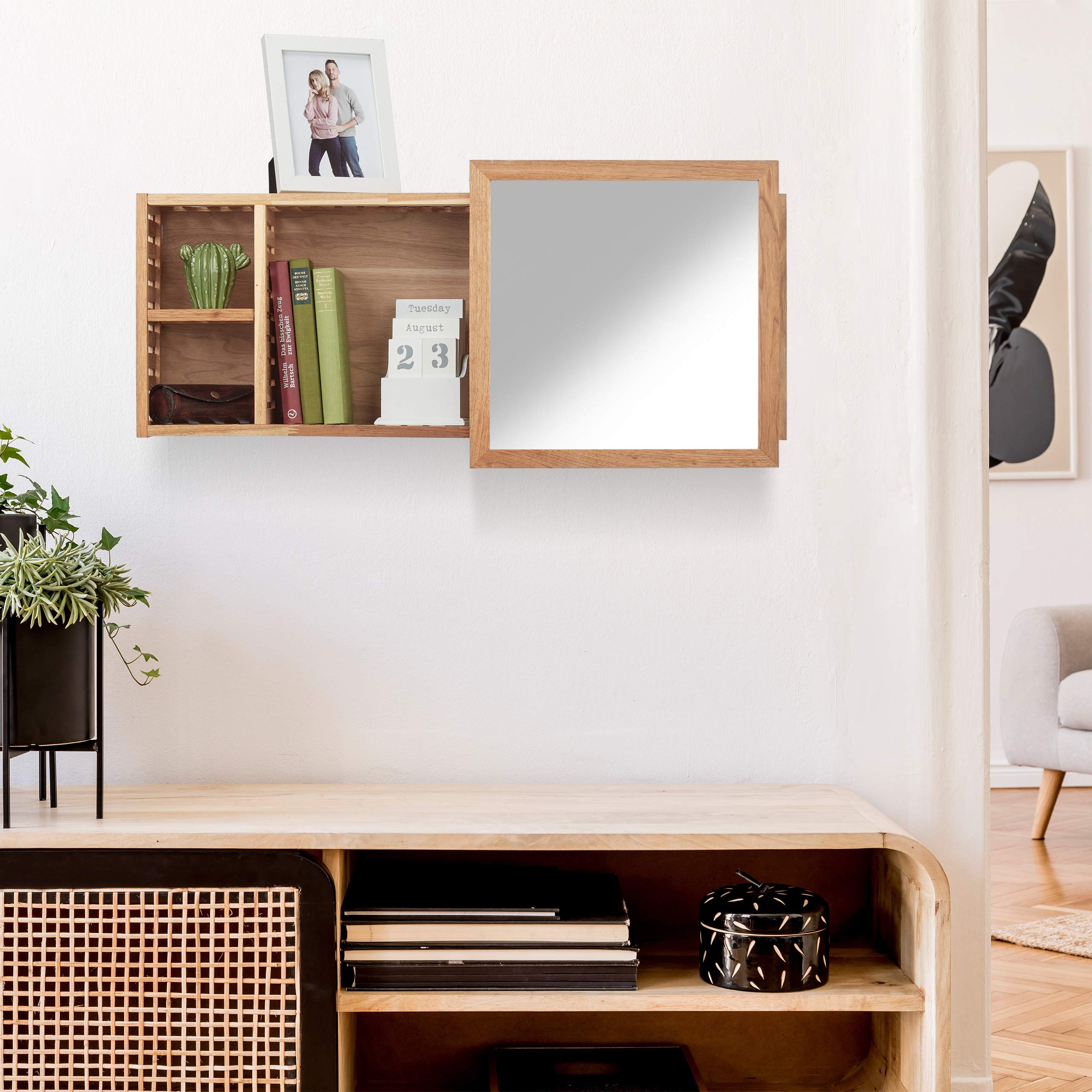 Relaxdays Etagère murale avec miroir coulissant salle de bain armoire bois de noyer huilé side board 80 cm de largeur, nature, 17x80x30 cm