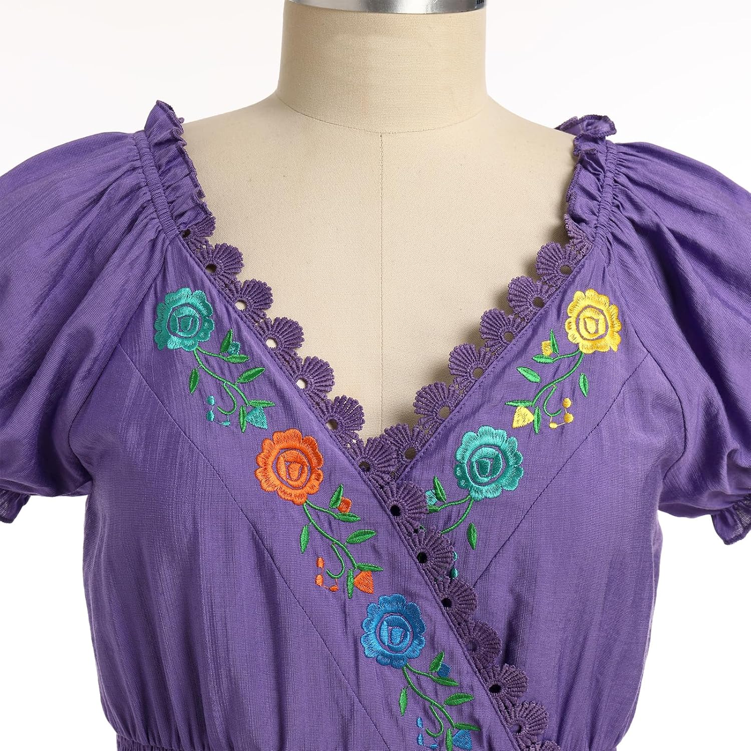 Women Mexican Dress Floral Embroidered Traditional Fiesta Dresses Summer V-Neck Short Sleeve Cinco De Mayo Outfits - Image 4