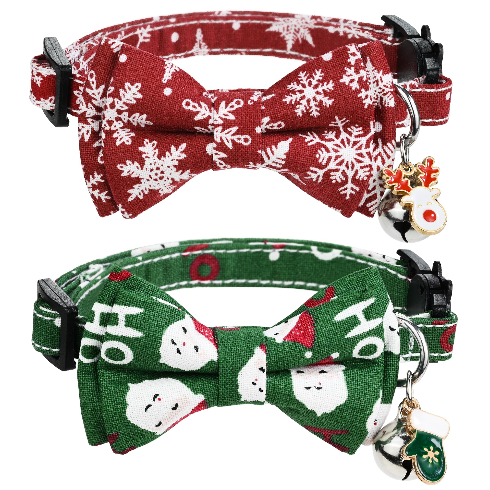 G-ficu 2 Pack Christmas Cat Collar Breakaway with Cute Bow Tie Bell Charm, Snowflake Santa Claus Holiday Collars for Girl Boy Cats Kittens with