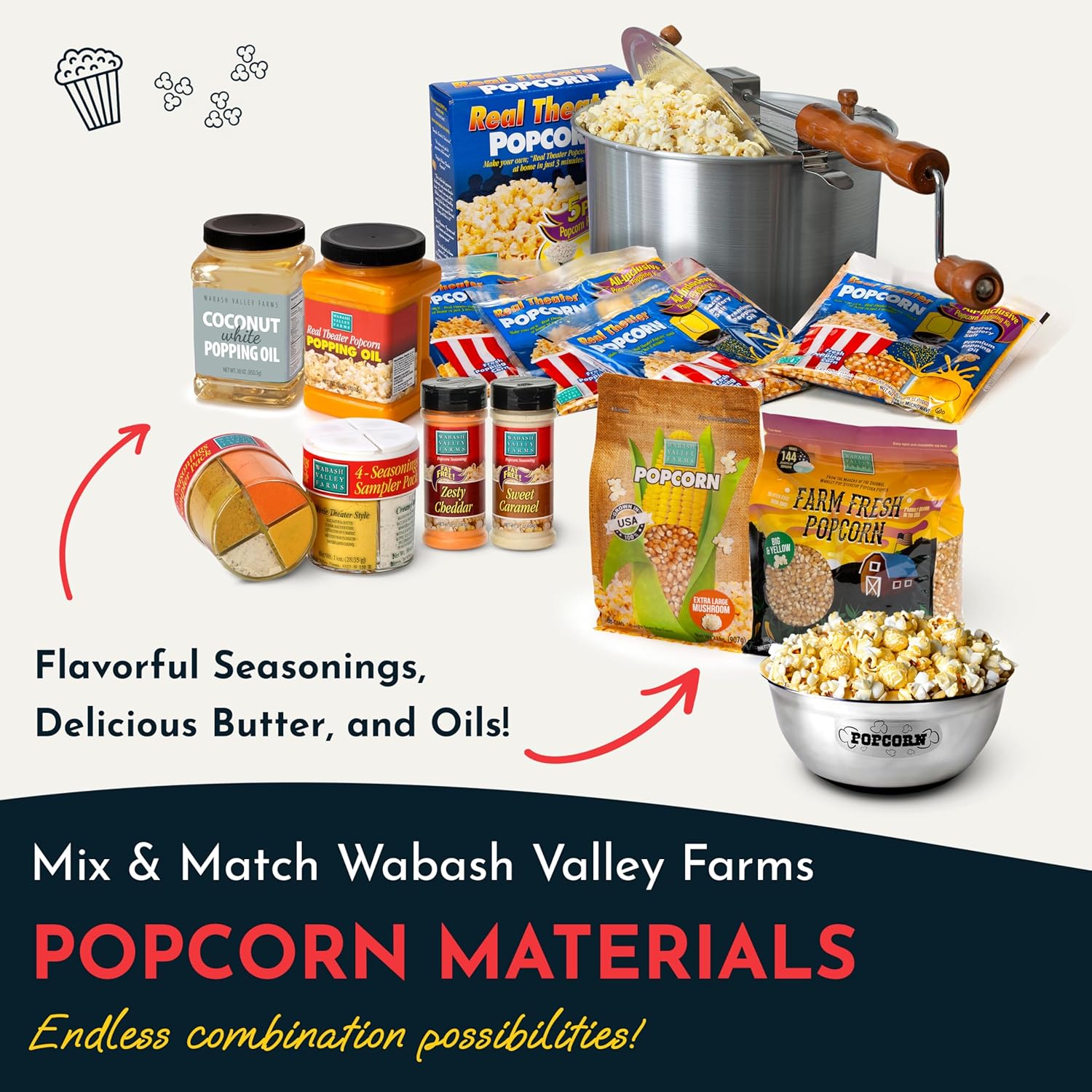 Original Whirley Pop Popcorn Maker - 6 Quart Stovetop Popcorn Popper With Four Popping Kits, Aluminum Popcorn Pot With Metal Gears, Wabash Valley Farms Stove Top Popcorn Maker, Popcorn Pan (Silver)