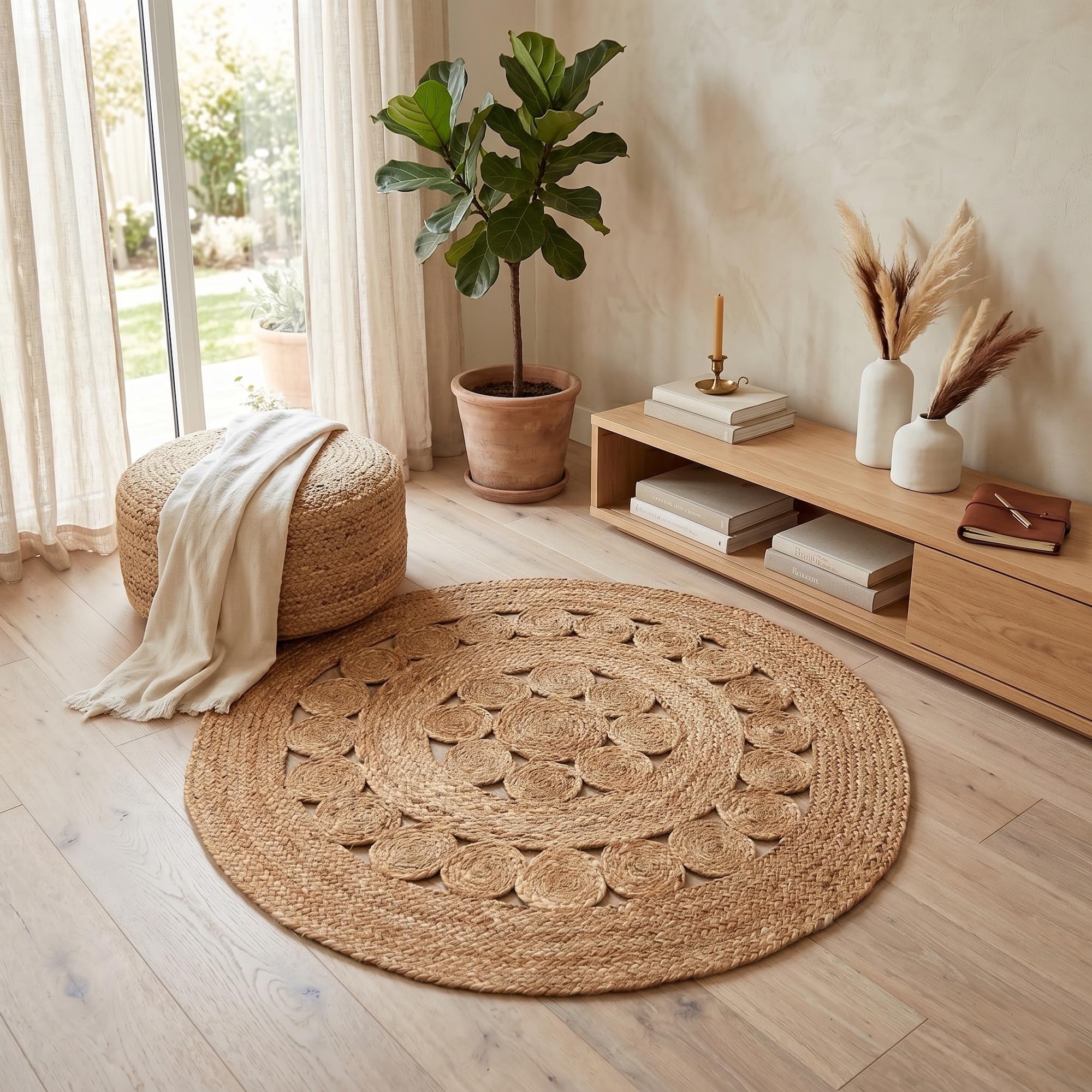 Maya Round Rug, 100% Natural Jute, Artistic, Hand Woven Circular Round Rugs for Kitchen, Living Room, Bedroom, Bathroom, Farmhouse - 180cm Round, 180cm x 180cm