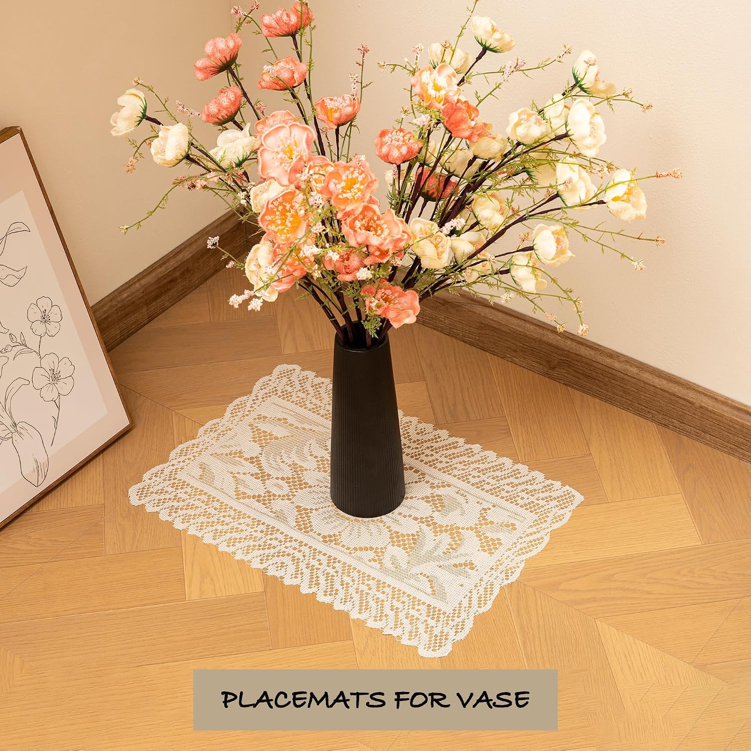 Jayla 2 Pcs Rectangle Lace Placemats for Tables Embroidered Lace Tablemats Vintage Crochet Floral Table Runner Vintage Wedding, Tea Party Decor,12x17 Inch