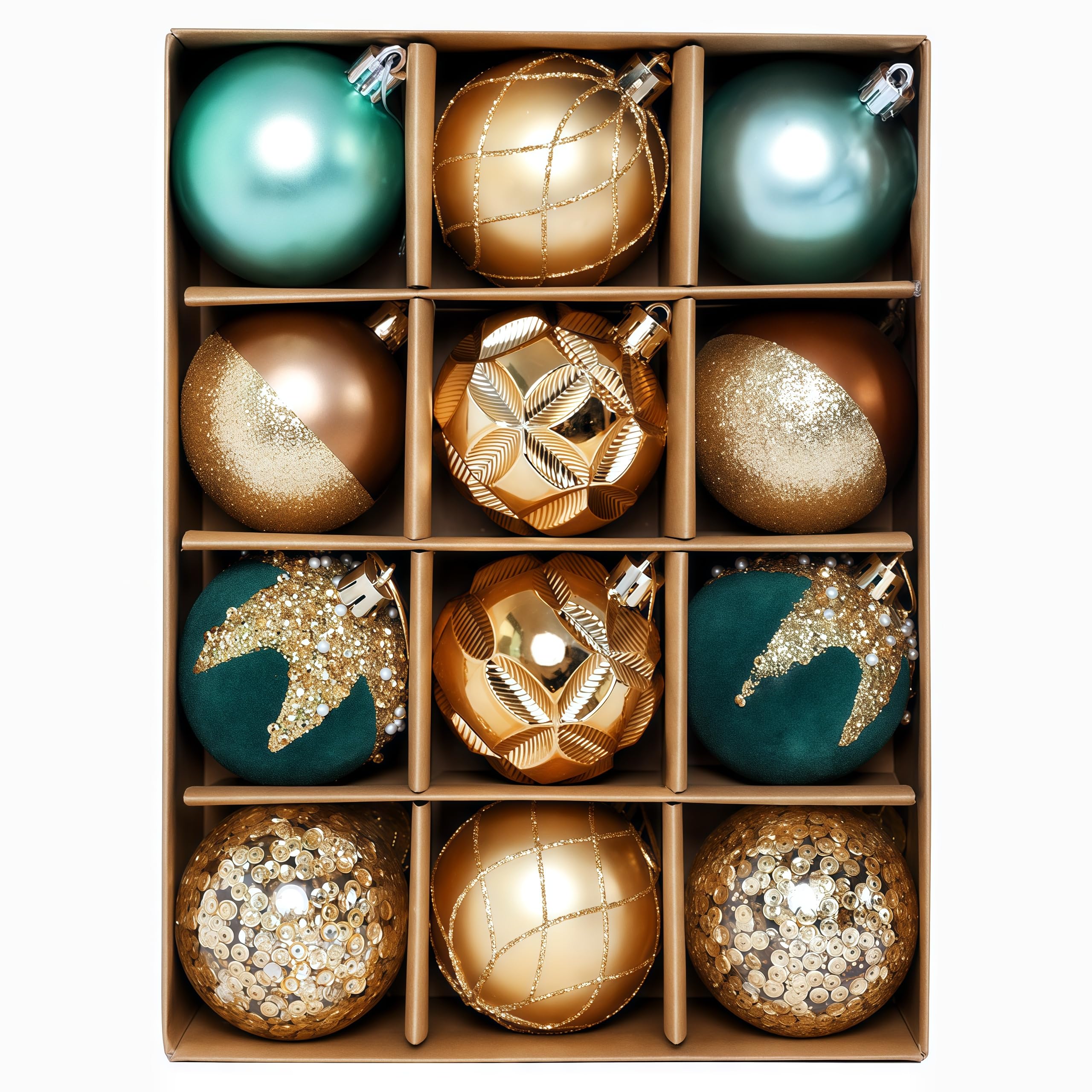 HipTree Christmas Tree Ornaments Decorations Set-12ct 3.14 Inch Green Gold Velvet Ornaments for Christmas Tree Shatterproof Hanging Ball Ornament Bulk,Xmas Tree Tabletop Decorations for Holiday Decor