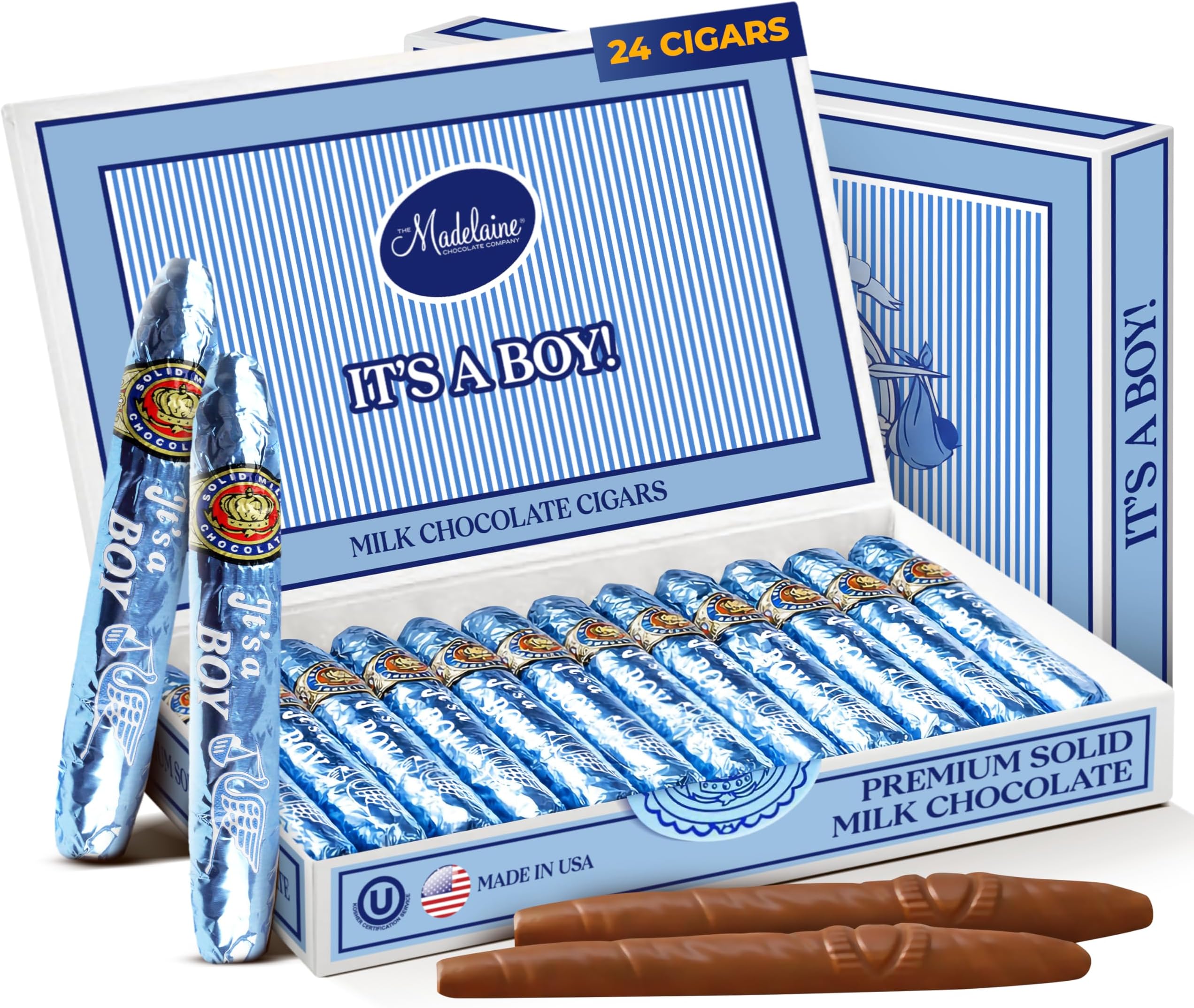 Madelaine Solid Premium Milk Chocolate Cigar Candy – It’s a Boy Baby Shower Party Favors for Boy, Individually Wrapped Chocolate Cigars, Elegant Gift Box – 24 Count