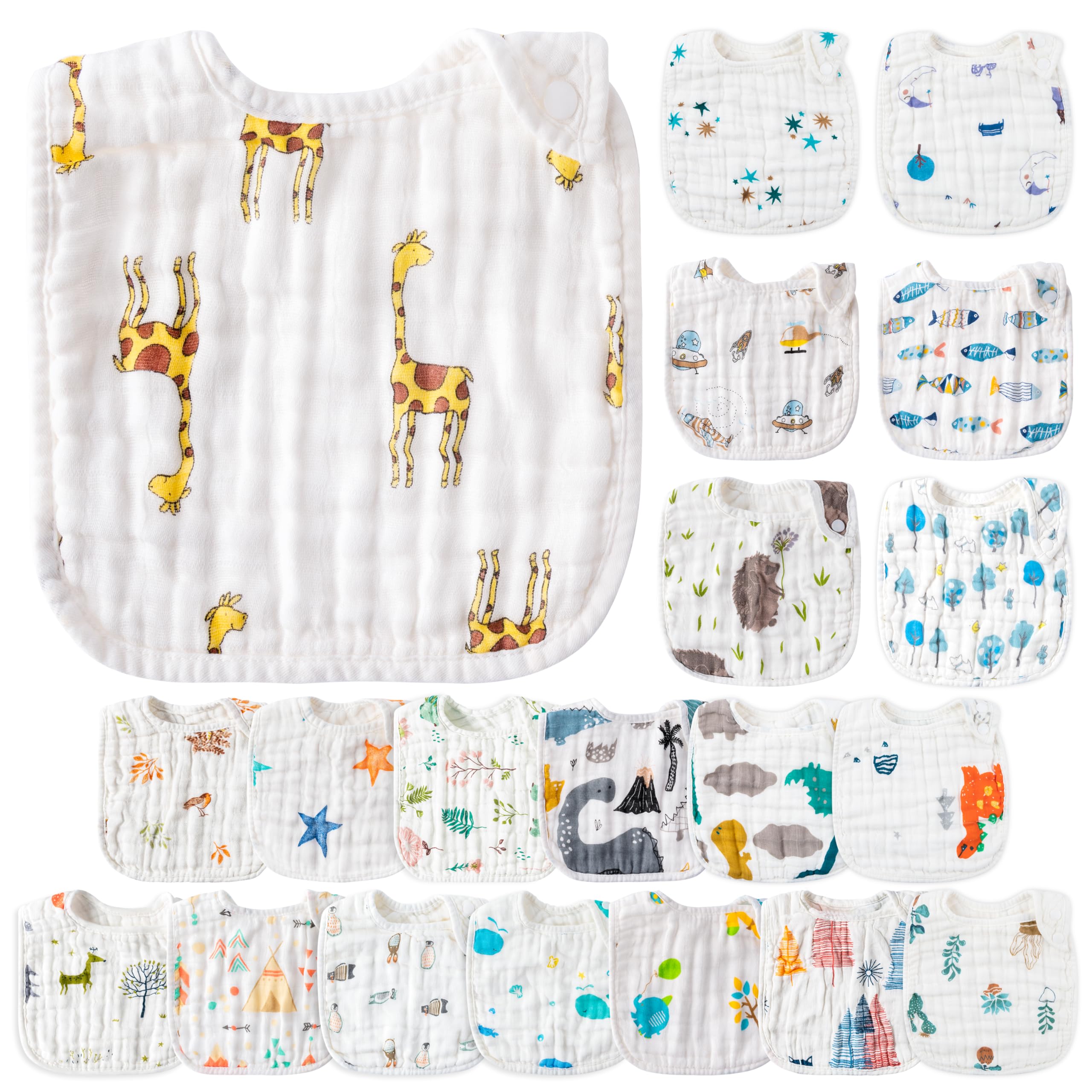 Zainpe - Baberos de muselina de algodón para bebé (20 unidades, con broches, diseño de jirafa, pingüino y estrella), suaves, absorbentes y ajustables, para recién nacidos, niños pequeños, alimentación, dentición y alimentación de 0 a 36 meses