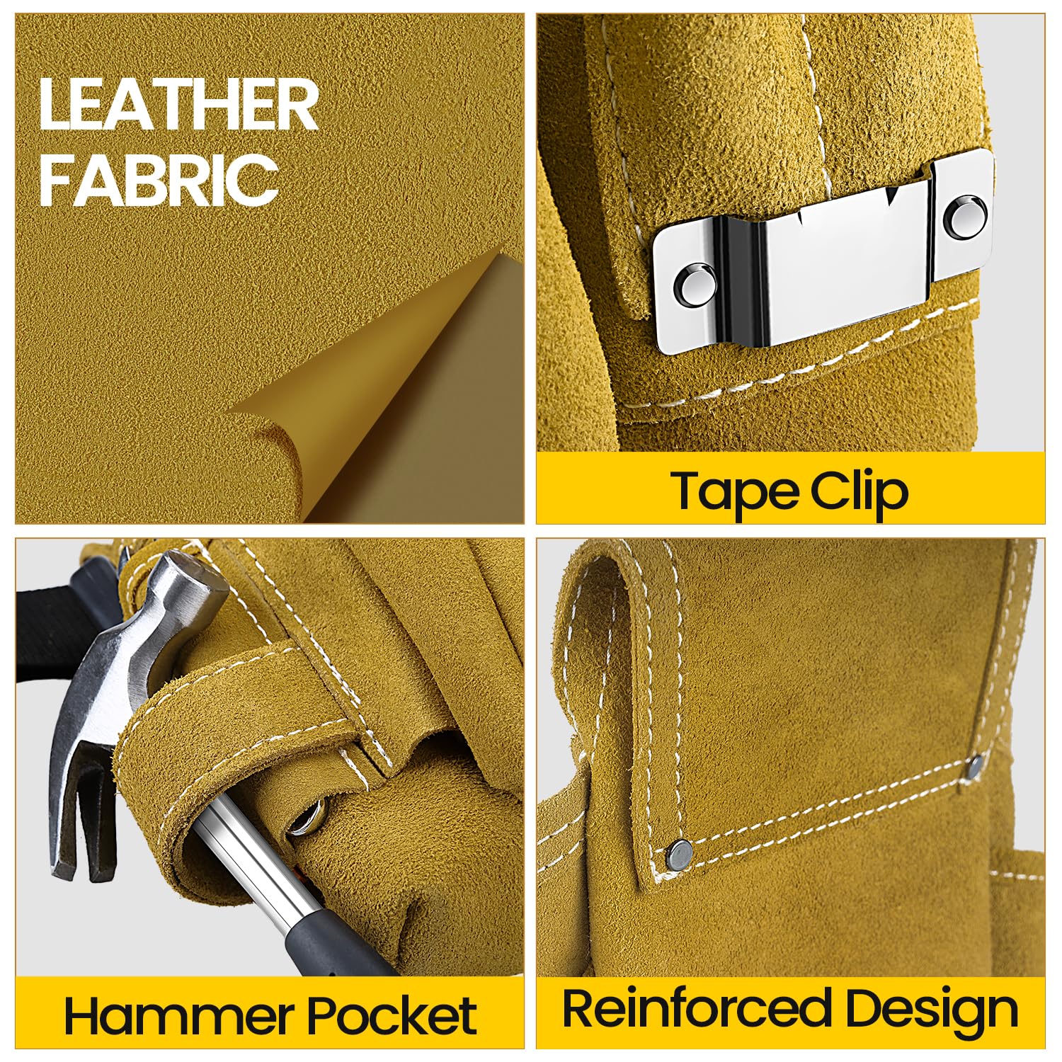 WINHUNT Pochette à outils en cuir avec ceinture réglable, 10 poches, pochettes de rangement pour outils avec porte-marteau pour charpentier, 24 x 22 x 8 cm, marron clair