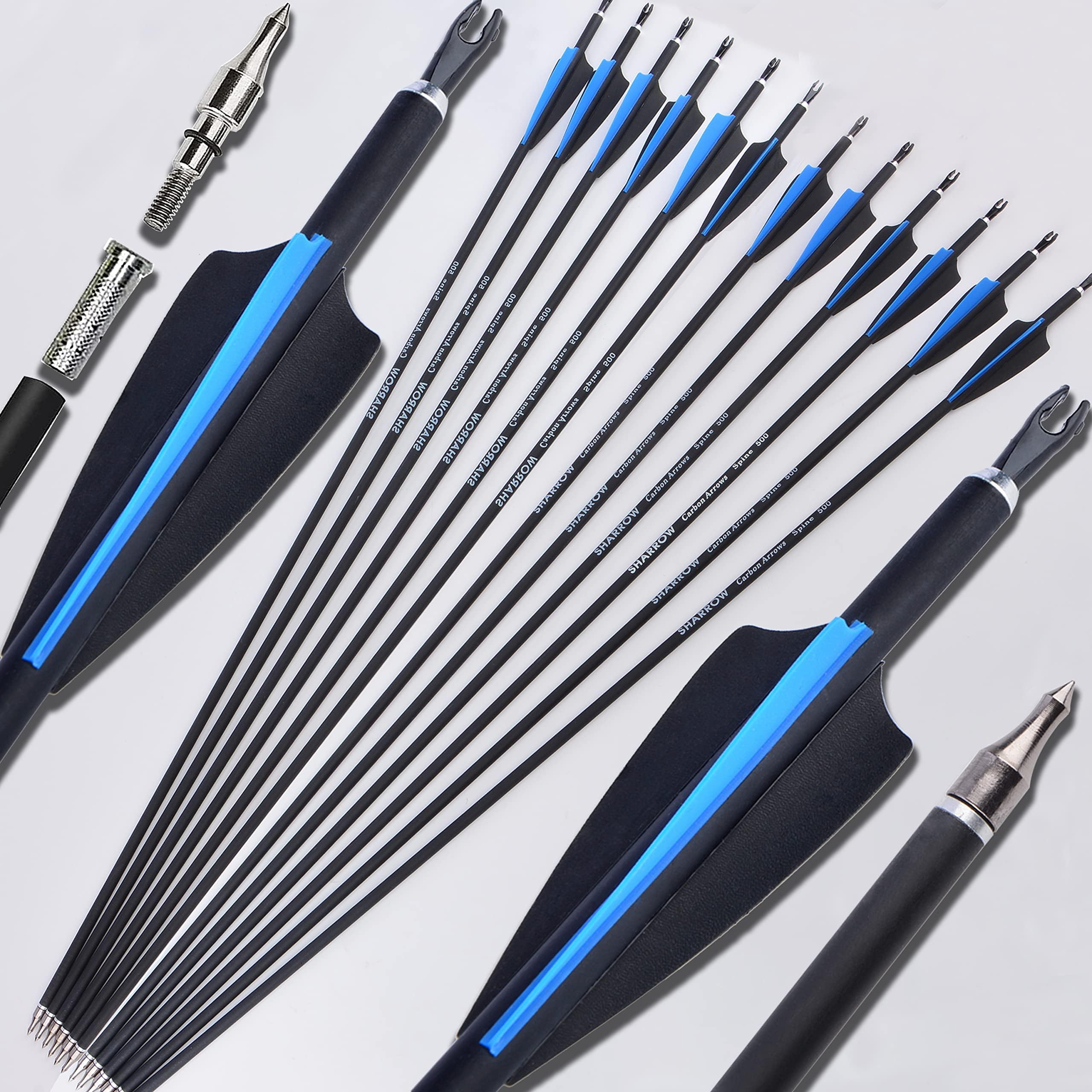 12 Piezas Flechas de Fibra de Carbono 30 Pulgadas Caza Objetivo de Práctica Fiechas Spine 500 para Arco Recurvo Arco Compuesto Arco Largo