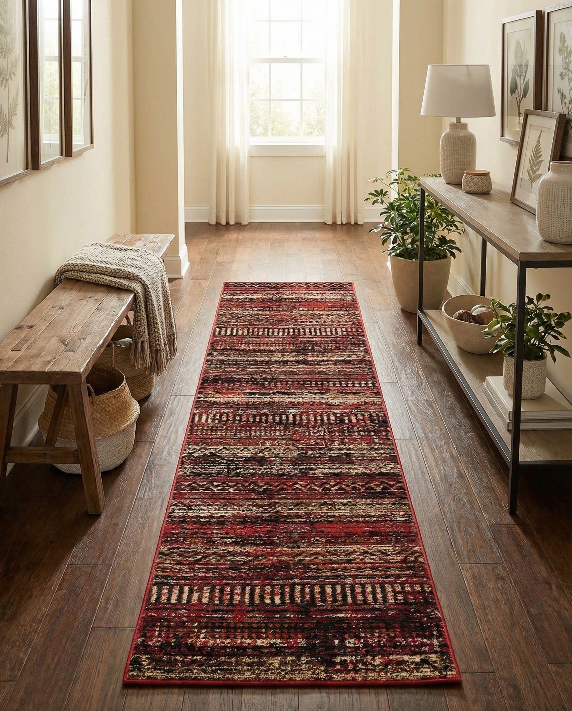 Rugs.com - Saturn Rug – 9 Ft Runner Burgundy Easy-Clean Rug – Retro Tribal Style for Hallways and Entryways