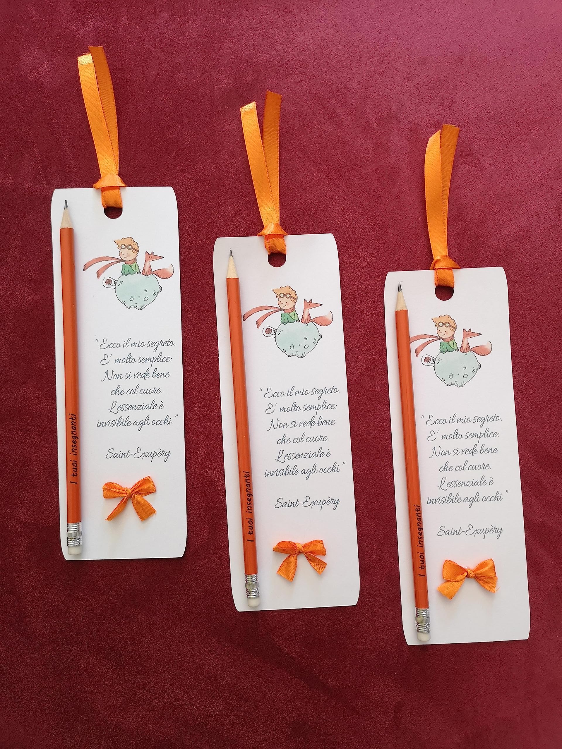 Segnaposto Battesimo Piccolo Principe Arancione Segnalibro con Matita Incisa Personalizzata con Nome e Data 20x7 cm Frase di Papa Francesco oppure a Scelta (30)