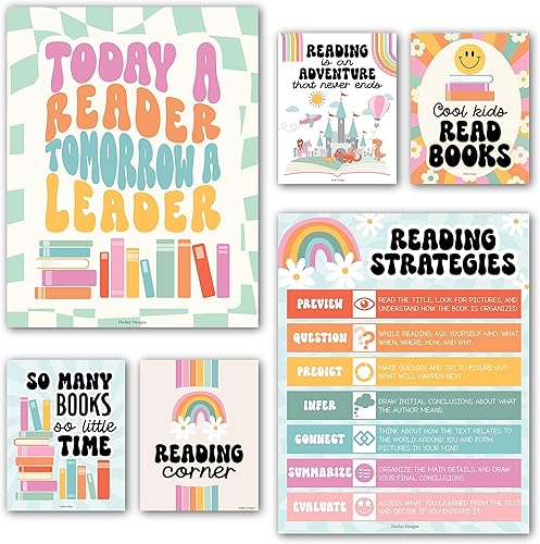 Hadley Designs 6 carteles de lectura retro para decoración de biblioteca de aula para la escuela, carteles de lectura para escuela primaria, juegos