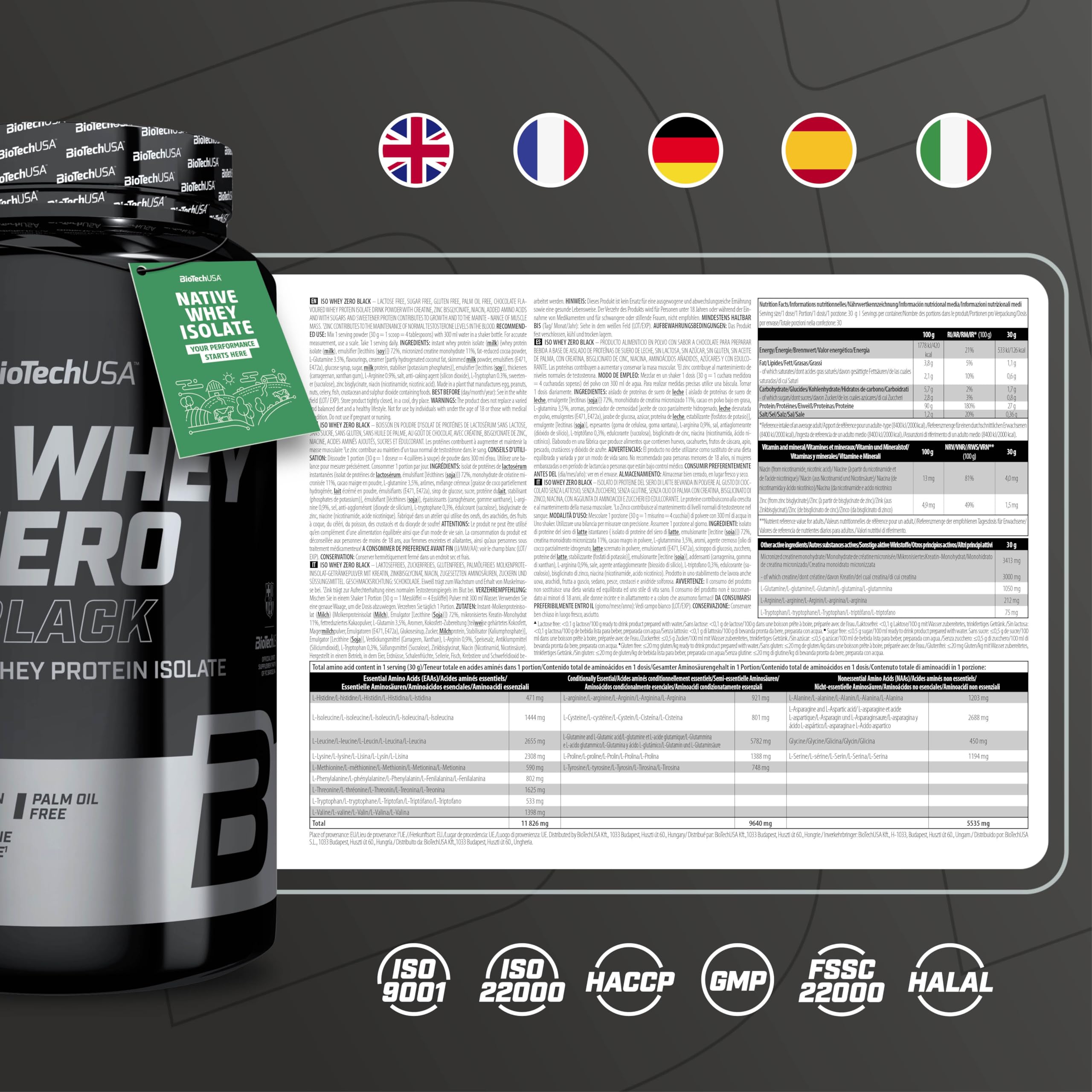 BioTechUSA Iso Whey Zero Black - Proteine con Creatina, Zinco, Vitamina B3 e Aminoacidi | 90% di Proteine | Senza Zucchero, Senza Lattosio, Senza Glutine, 908 g, Cioccolata