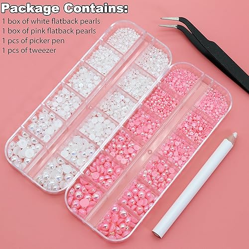 Miniatura 2 de 3000 piezas de uñas con parte trasera plana, semiredondas, perlas de uñas blancas y rosadas, perlas de resina de 6 tamaños para uñas, diamantes de