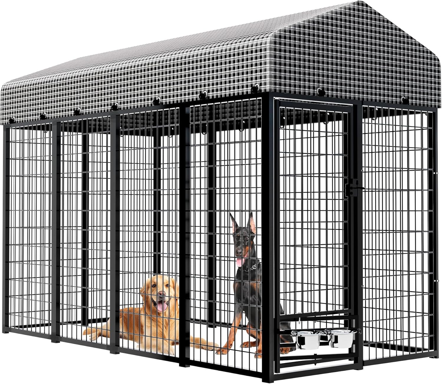 Large Dog Kennel Outside with Roof, Heavy-Duty Indoor Outdoor Dog Run Dog Enclosure with Removable Cover, Dog Pens Outside Playpen with Latch-Lock & Swivel Feeding Door, 4x8x6 Ft