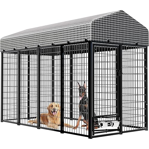 Large Dog Kennel Outside with Roof, Heavy-Duty Indoor Outdoor Dog Run Dog Enclosure with Removable Cover, Dog Pens Outside Playpen with Latch-Lock & Swivel Feeding Door, 4x8x6 Ft