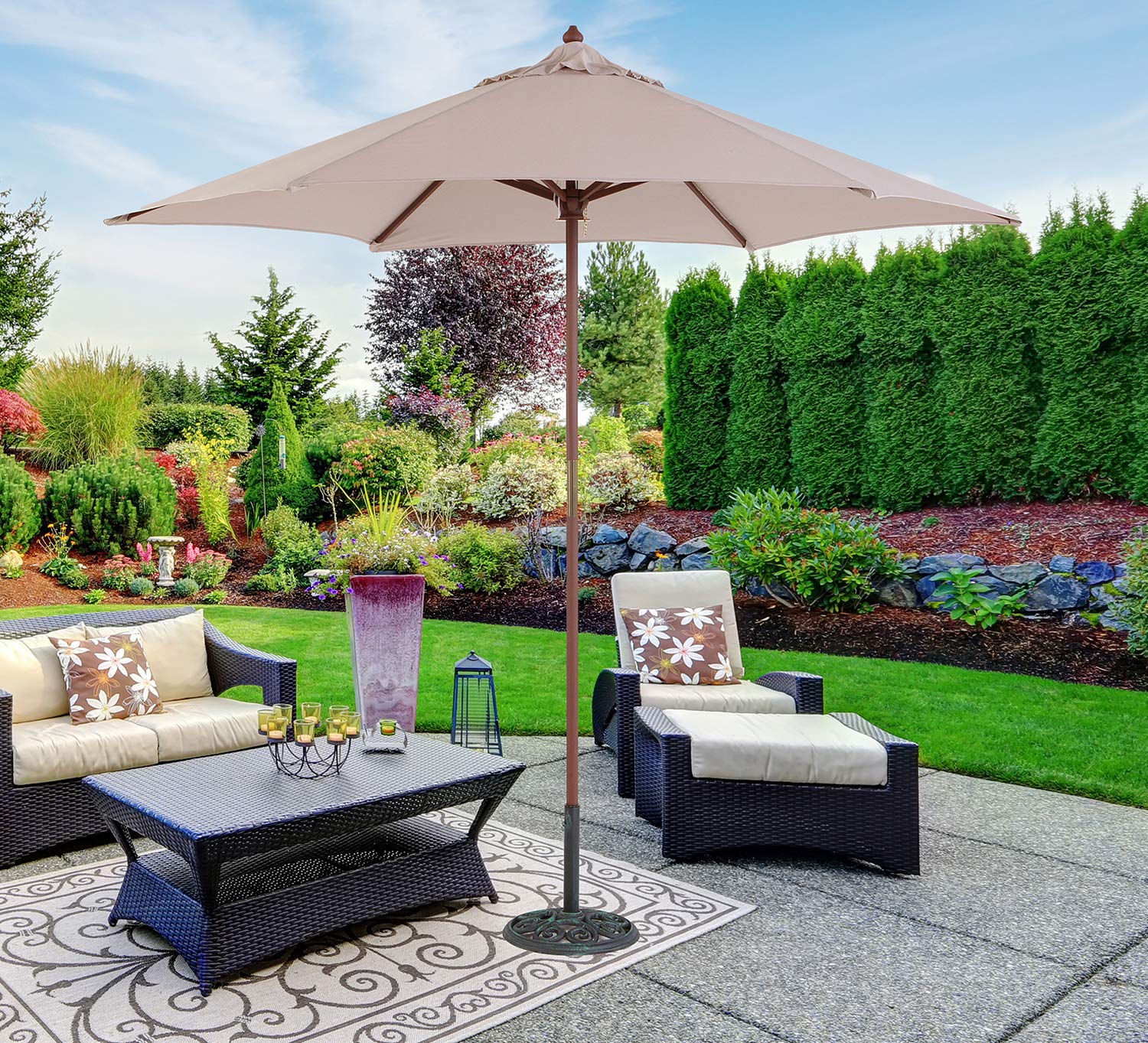 Amazon Com Tropishade 9 Ft Wood Market Umbrella With Beige Polyester Cover Patio Umbrellas Garden Outdoor