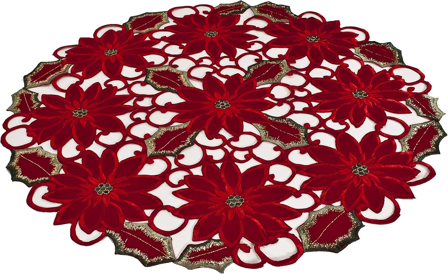 Linens, Art and Things Embroidered Elegant Rich Christmas Red Poinsettia Gold Thread Green Leaves Holiday Doily Small Tablecloth Centerpiece (24 Inch Round)