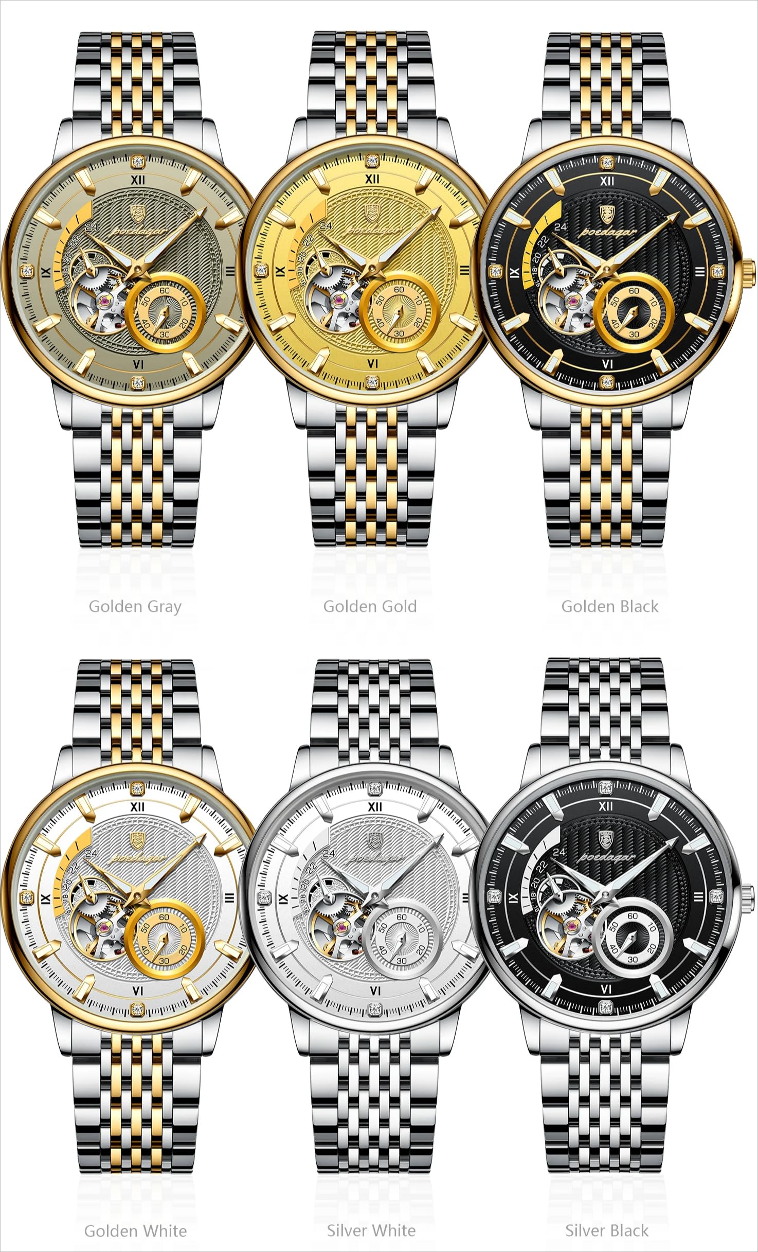 Poedagar Luxuriöse Herren-Armbanduhr, automatisches Skelett, mechanisch, wasserdicht, leuchtend, hohl, Tourbillon, Edelstahl, Herrenuhren