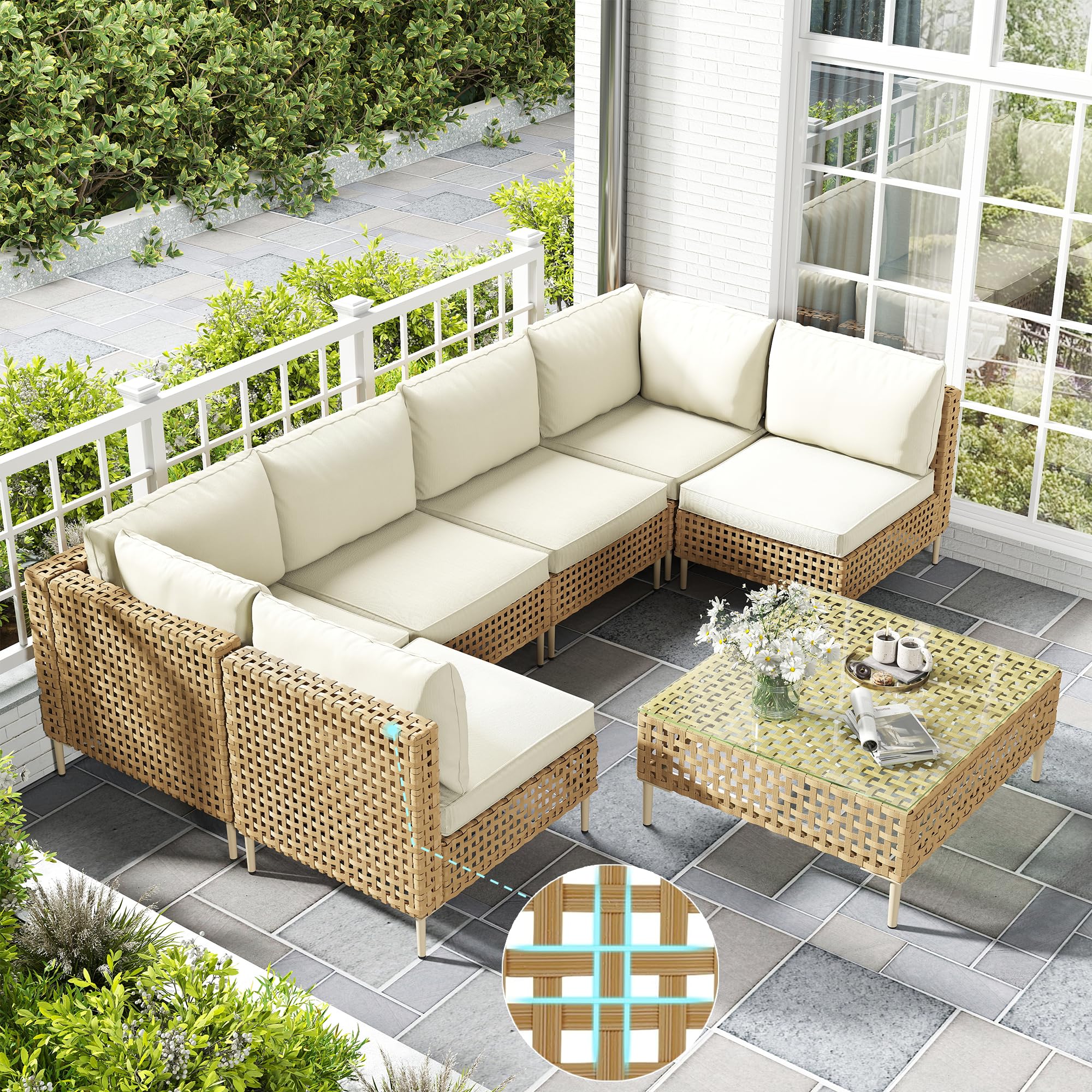 Photo 1 of LHBcraft Patio Furniture Set, Large 7 Piece Wicker Outdoor Sectional Furniture Set with Coffee Table, Patio Conversation Sets Sofa, Hand Knitting, All-Weather Cushions for Backyard, Porch, Beige