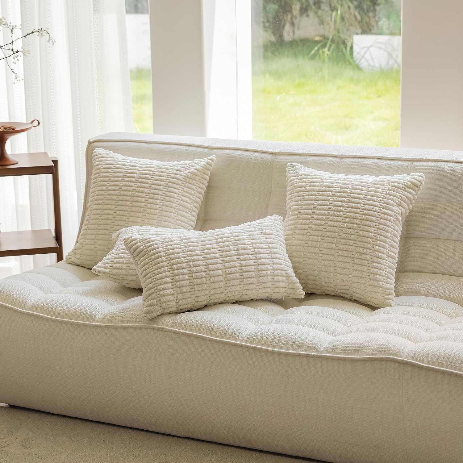 Home Brilliant 26x26 Pillow Covers Soft Plush Throw Pillow Covers Square Corduroy Decorative Striped Euro Shams Pillow Covers for Sofa Patio Decor, Set of 2, 26 x 26 inch, Cream