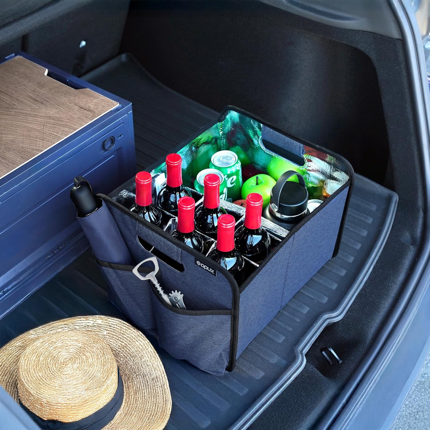 opux 12 Bottle Wine Tote Bag, Collapsible Wine Carrier Caddy Box with Dividers for Moving, Foldable Liquor Bottle Storage Glass Holder, Portable Reusable Wine Storage Box - Navy Blue