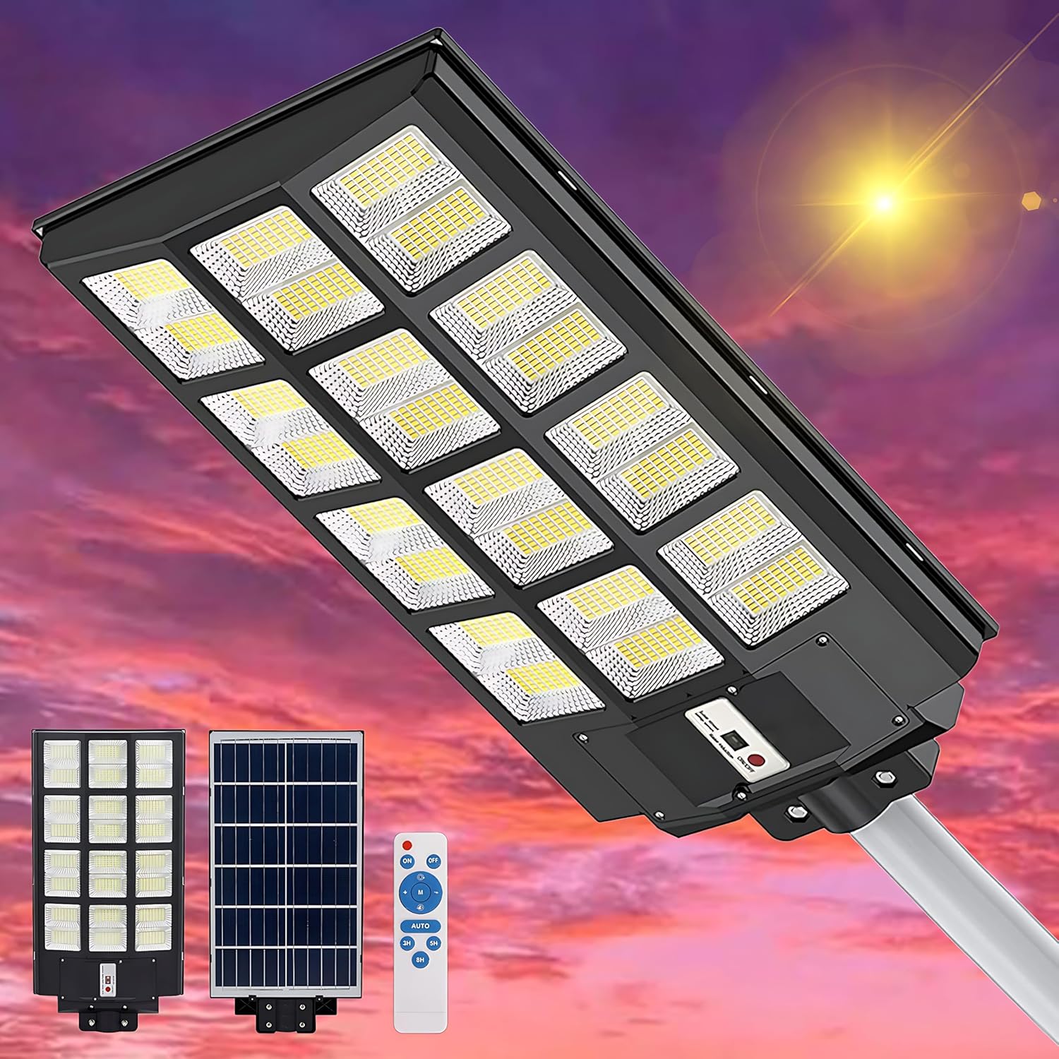 15000W Solar Street Lights Outdoor - 7000K Parking Lot Lights Commercial Dusk to Dawn, Wide Angle Flood Lights Waterproof, Powered LED Street Light Motion Sensor for Yard, Parking