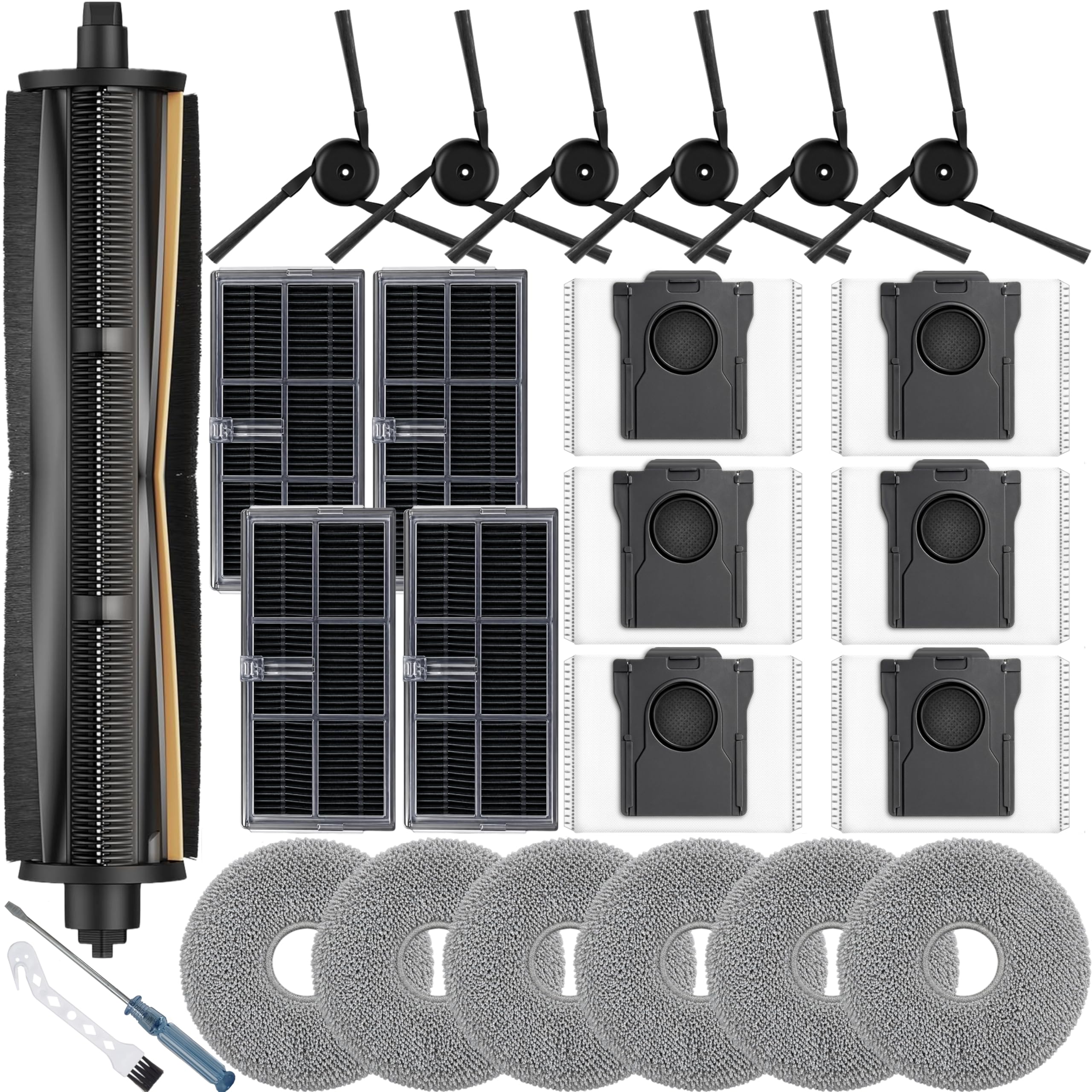Bluearks Pack of 25 Accessories for Dreame L10s Ultra Gen 3/X40 Ultra Complete/L40 Ultra/Mova P50 Ultra Robot Vacuum Cleaner, 1 TriCut Brush, 4 Dust Container Filters, 6 Mop Pads, 6 Side Brushes, 6