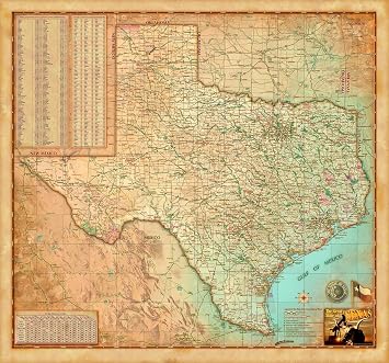 Antiqued Texas Wall Map - Paper 39"w x 36"h