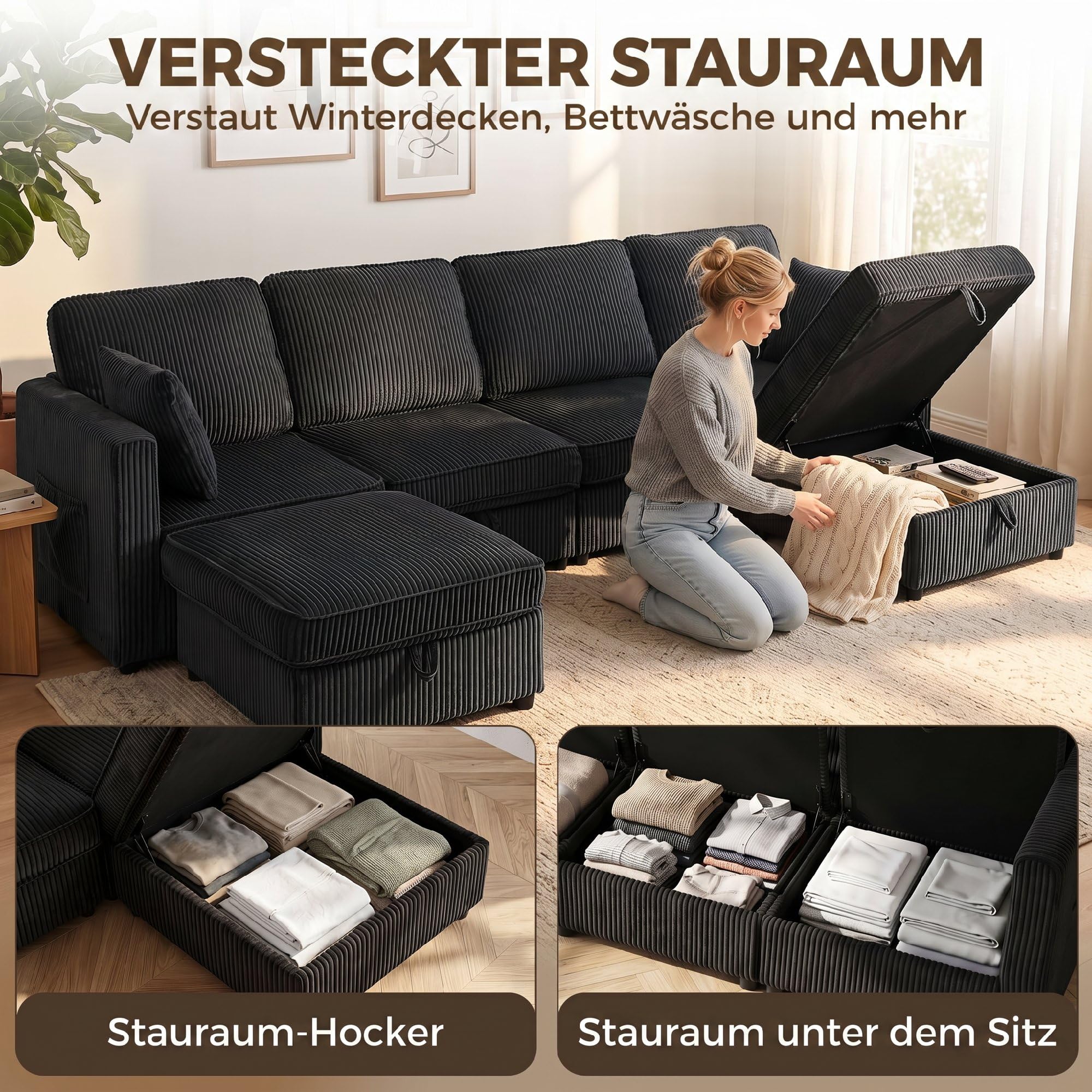 HOMCOM Ecksofa 4-Sitzer U-Form Sofa mit Stauraum-Ottomane 306 cm