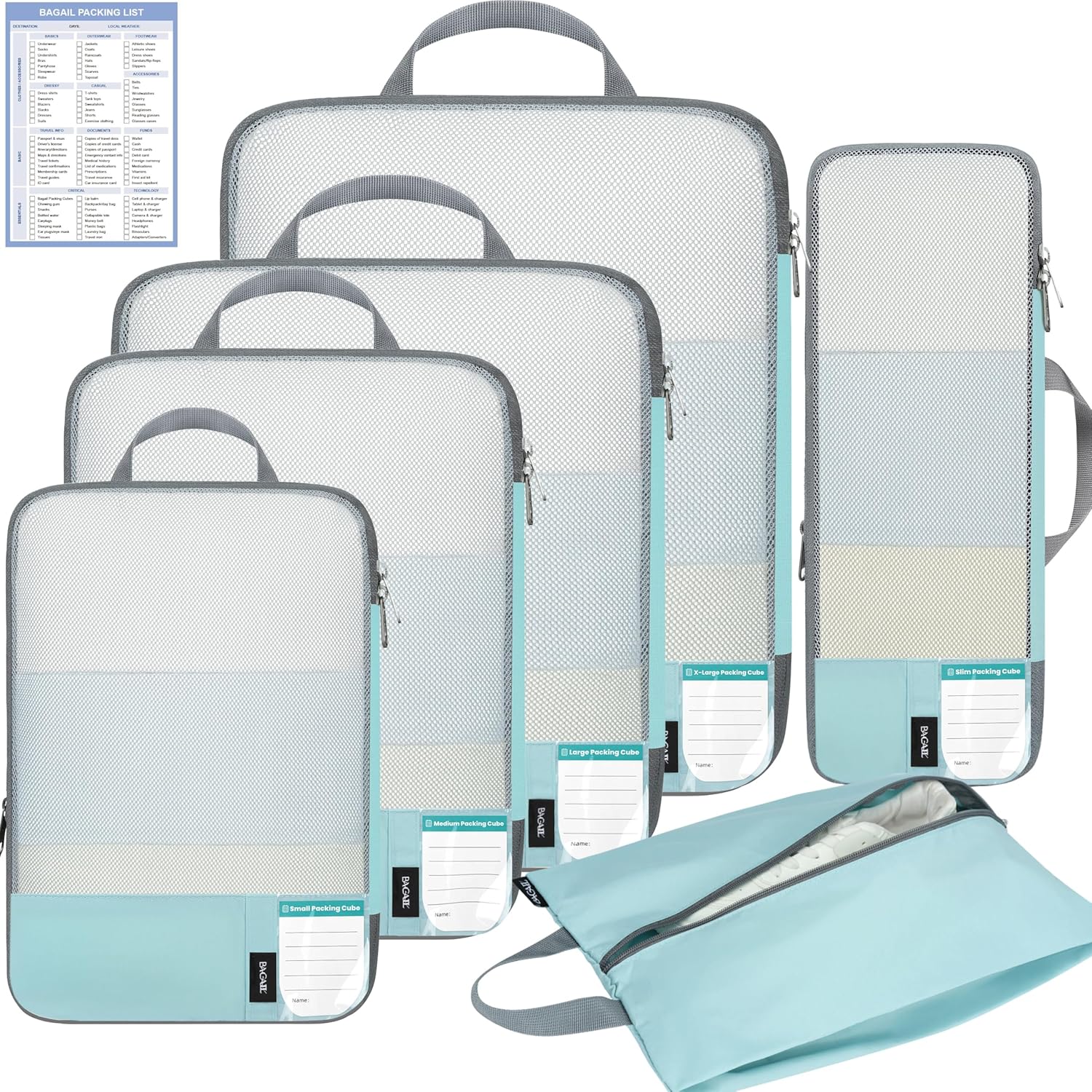 BAGAIL 6 Set Lightweight Compression Packing Cubes with Packing List, Anti-Tearing Expandable Organizer Bags for Travel, Dusty Blue