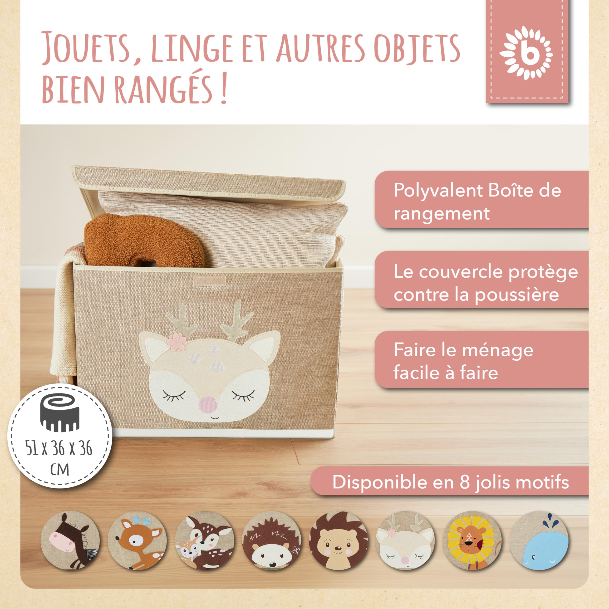 Bieco Boîte pliante avec couvercle | 65 litres | env. 36 x 36 x 51 cm | Coffre à jouets | Enfants | Caisses | Grand | Organiseur de table à langer | Chevreuil Ella